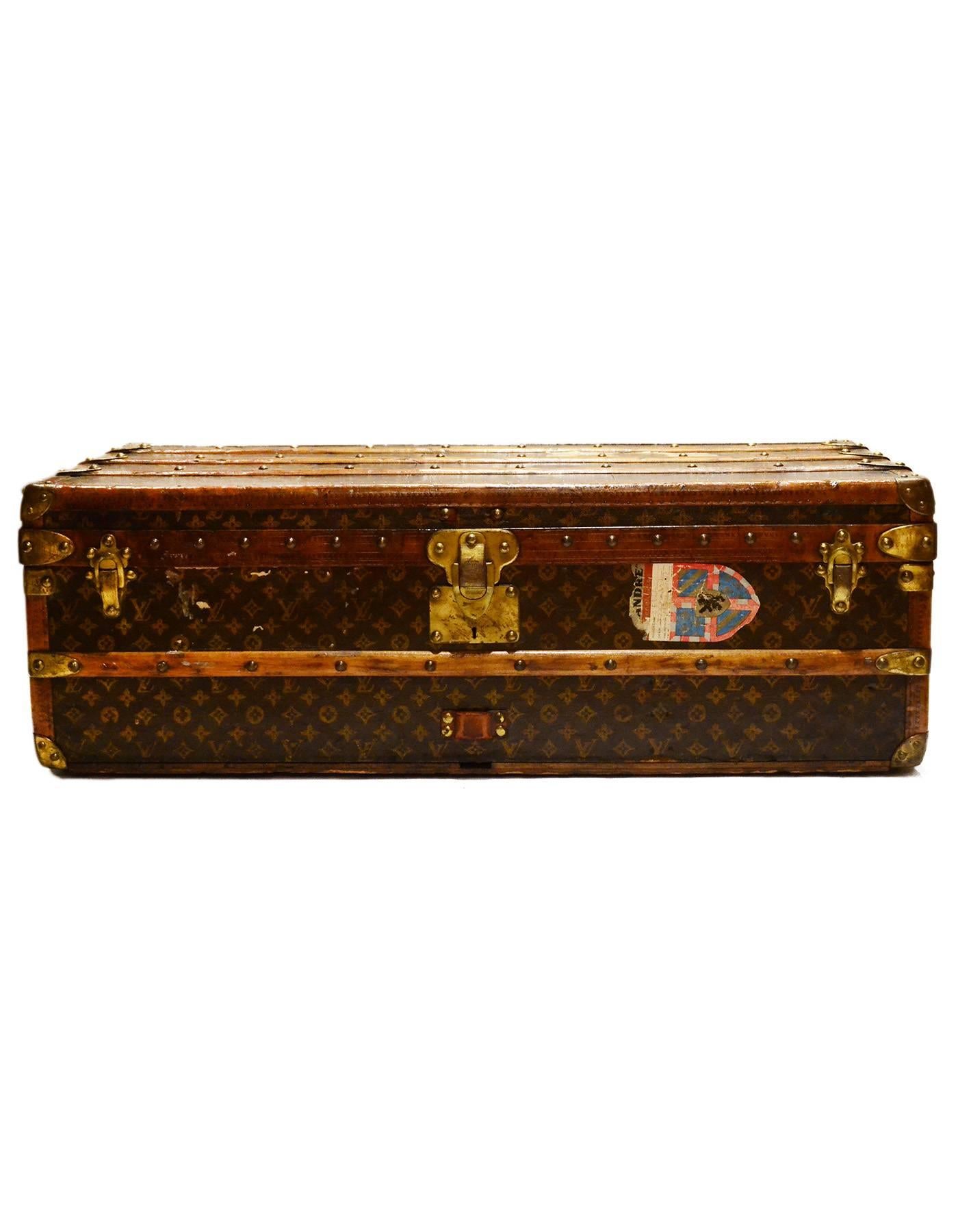 Louis Vuitton Vintage Monogram Rolling Cabin Trunk w/Insert c 1920's
Features vintage travel stickers throughout exterior as well as A.S.L. painted on side of trunk in yellow
Color: Brown, tan, and brass
Hardware: Brass
Materials: Coated canvas,
