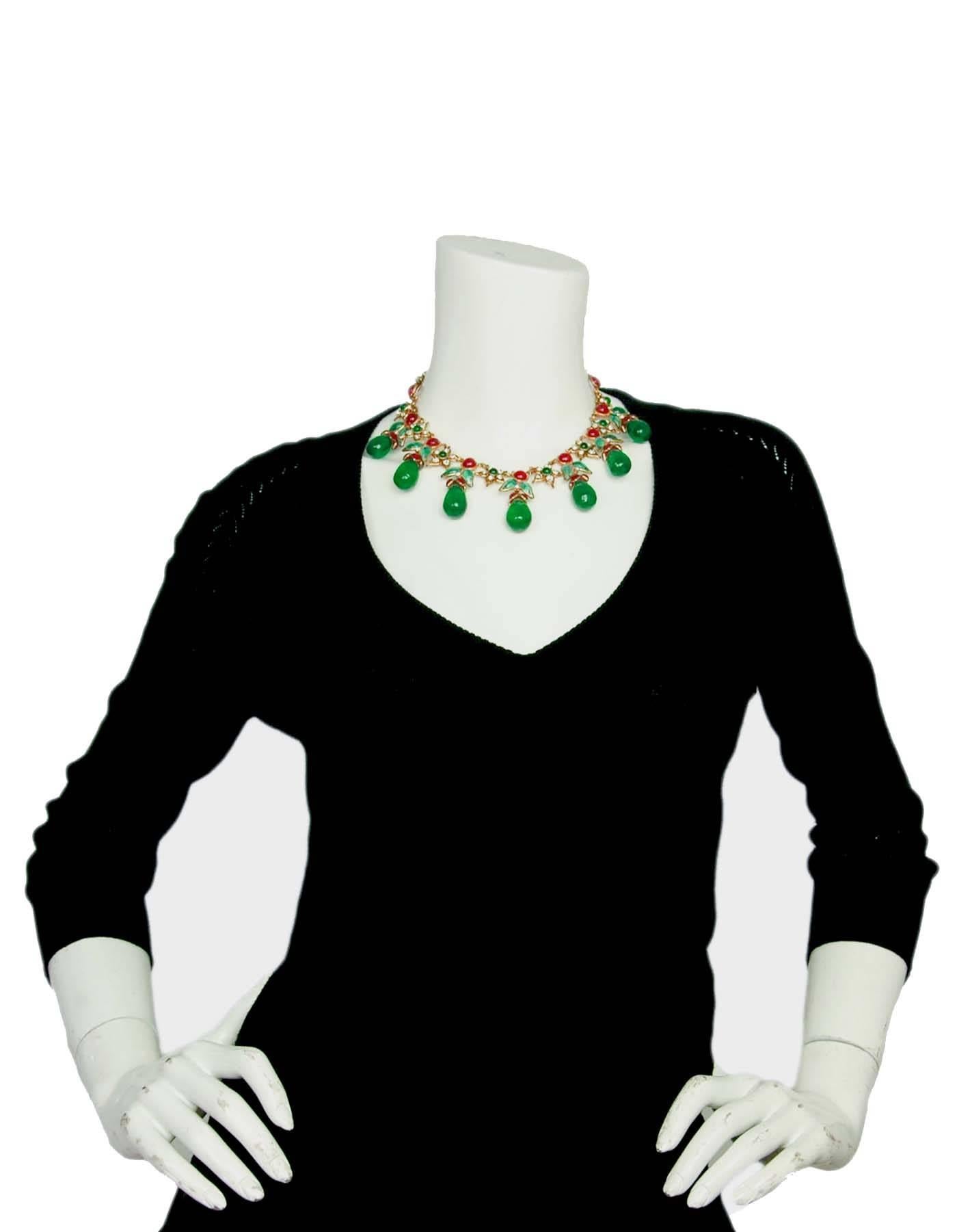 Chanel  '70s Collector's Necklace with Green Gripoix Drops and Rhinestone Flower In Excellent Condition In New York, NY