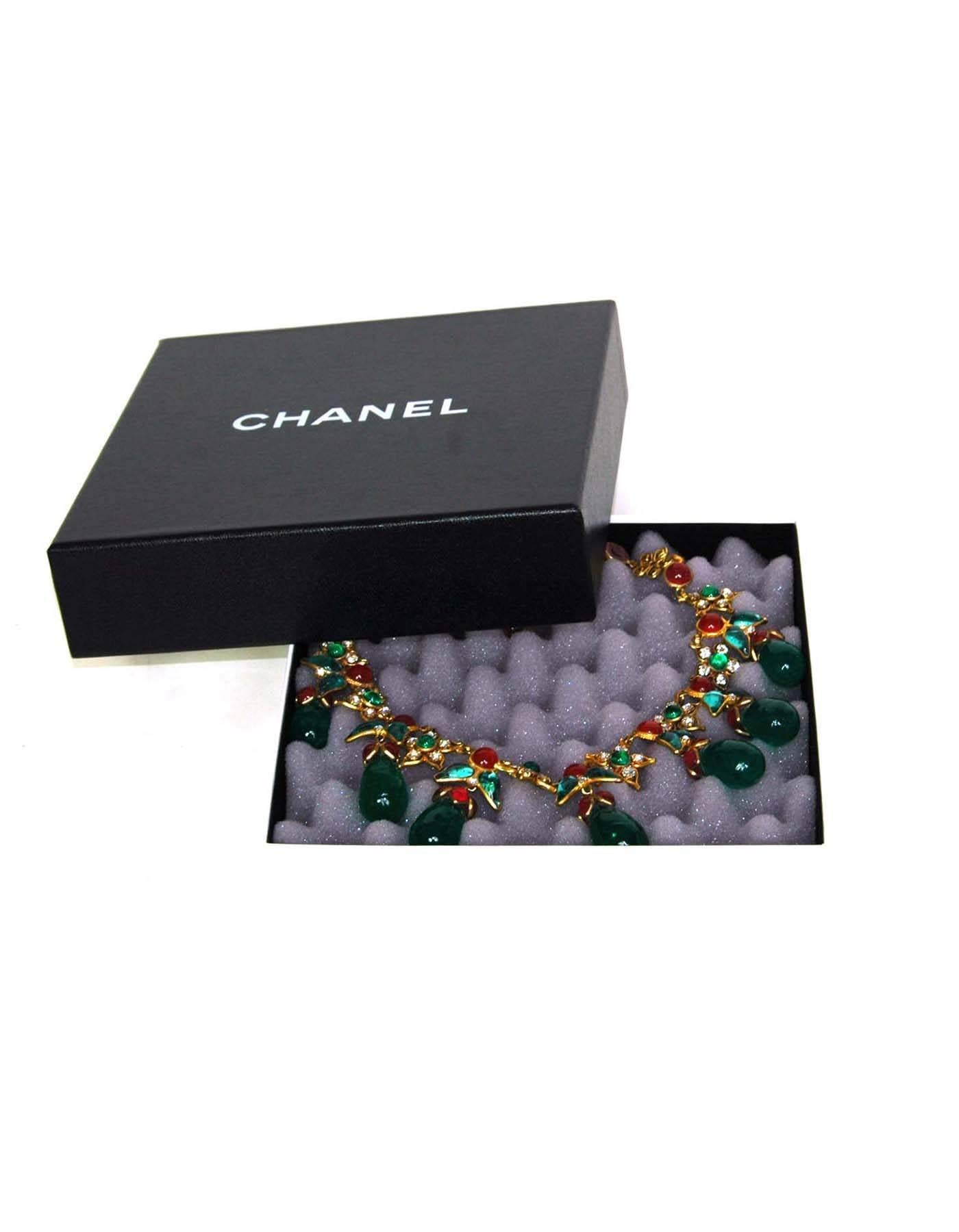 Chanel  '70s Collector's Necklace with Green Gripoix Drops and Rhinestone Flower 2