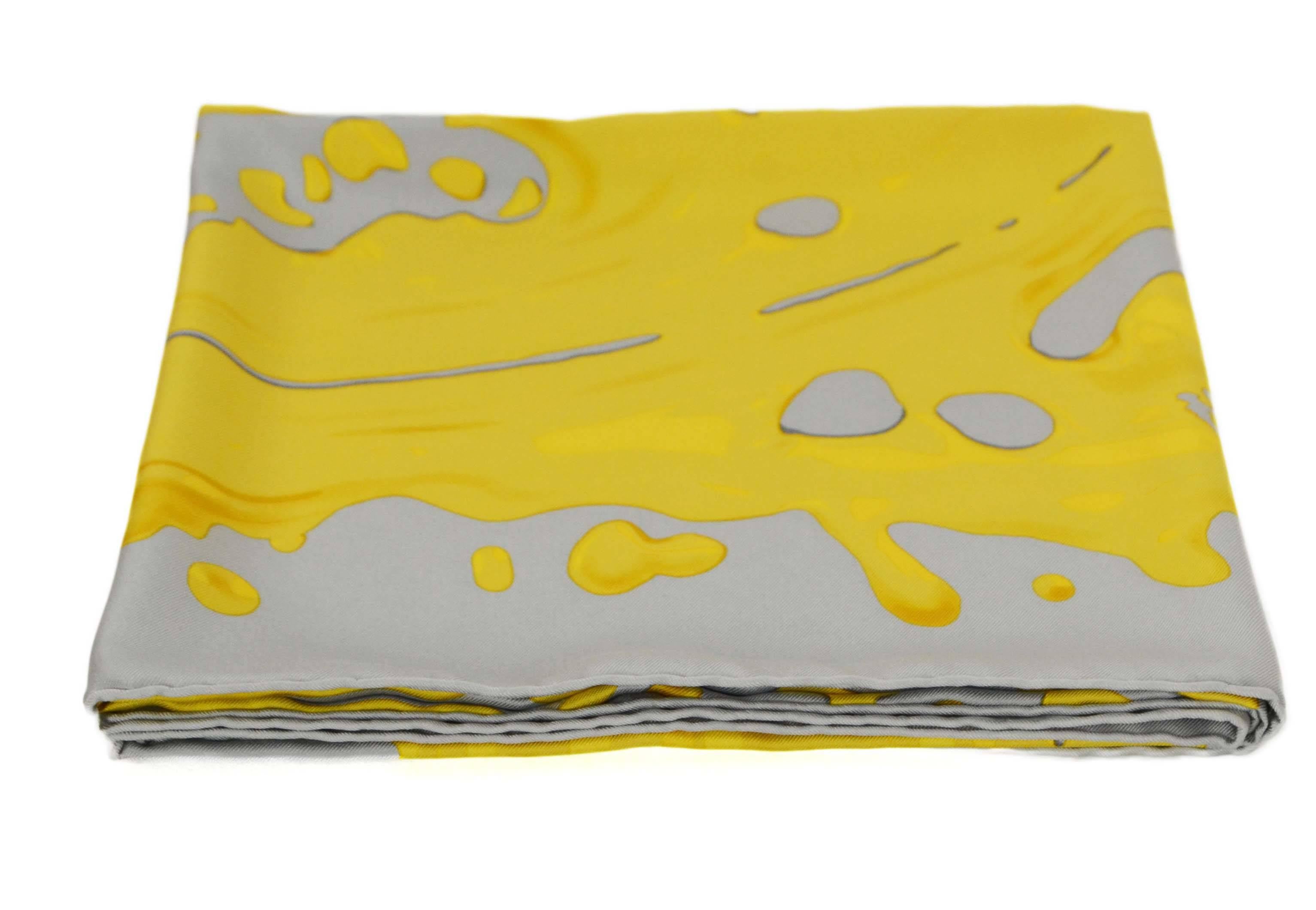 Women's Hermes Yellow & Grey Paint Splatter 90cm Silk Scarf