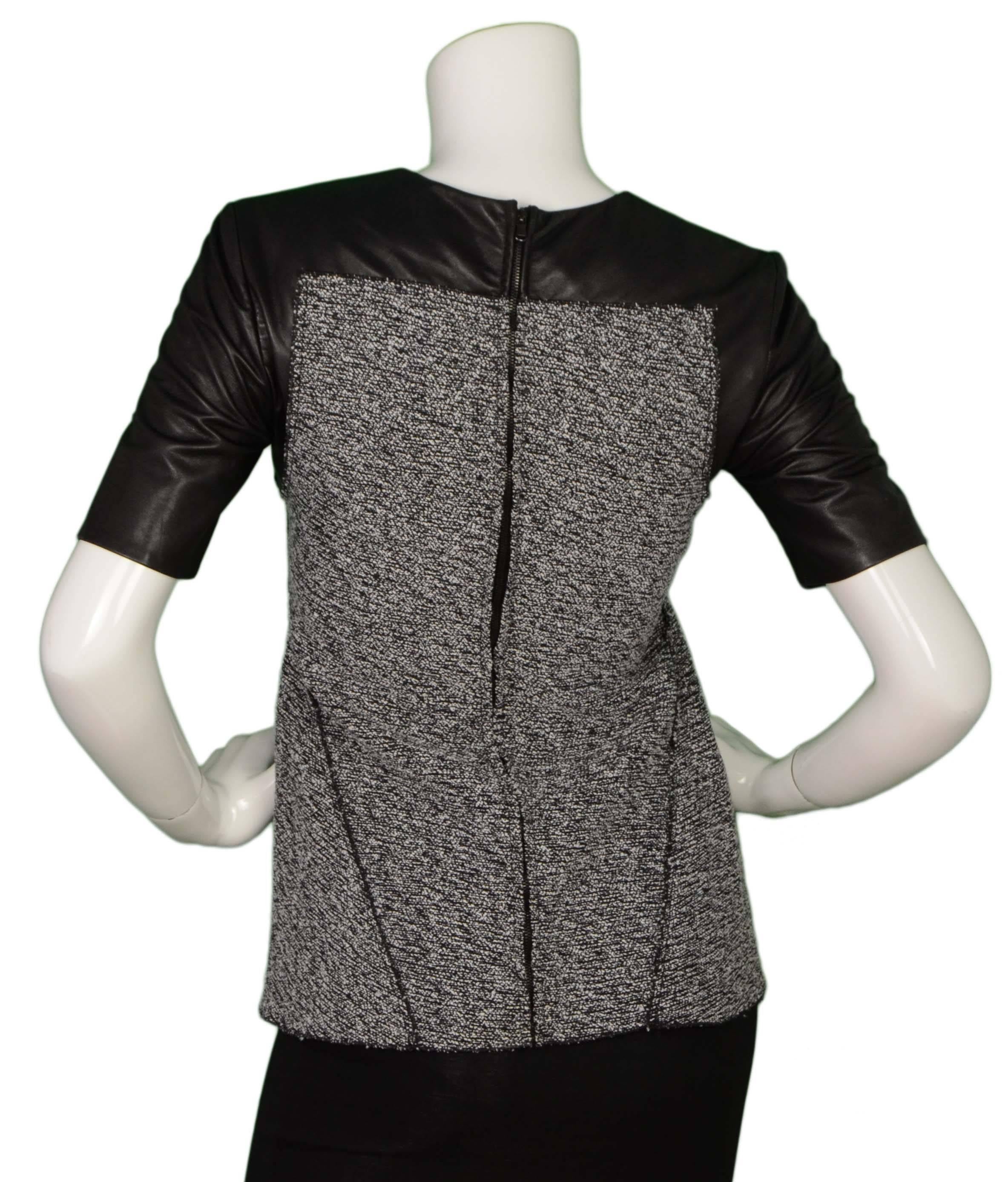 Proenza Schouler Black Leather & Tweed Short Sleeve Top sz S In Excellent Condition In New York, NY