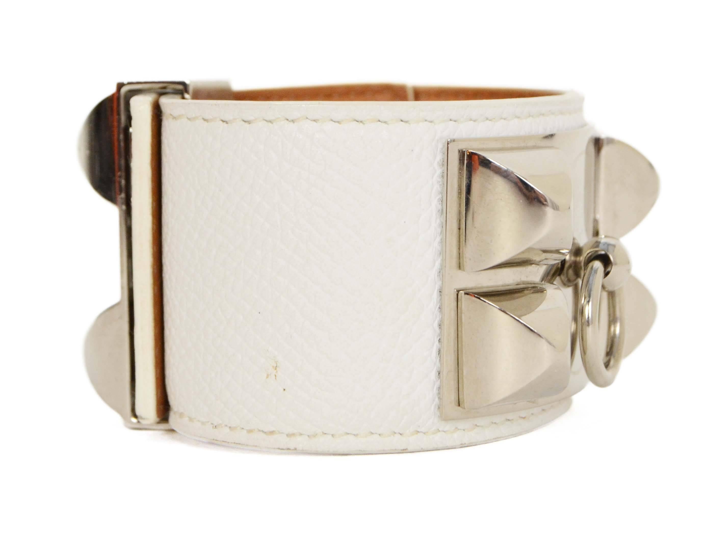Hermes White Leather CDC Bracelet
Made in: France
Year of Production: 2011
Color: White
Hardware: Palladium
Materials: Leather and metal
Closure: Adjustable slide lock with notches
Stamp: O stamp in square
Overall Condition: Excellent with