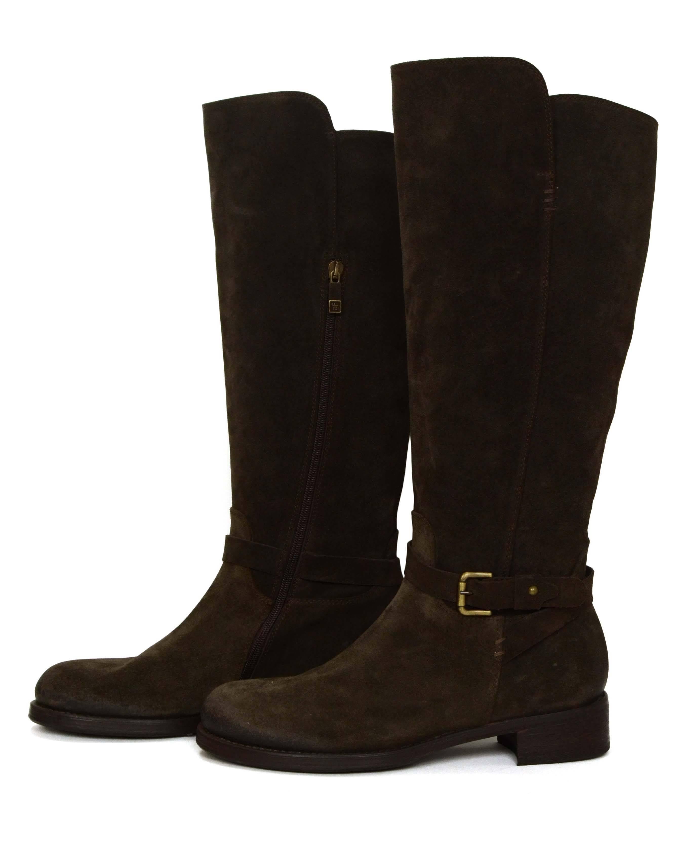 Alberto Fermani Brown Suede Knee-High Boots 
Features decorative buckle at ankle
Made In: Italy
Color: Dark brown
Materials: Suede
Closure/Opening: Interior side zipper
Sole Stamp: Alberto Fermani Made in Italy Since 1960 40
Overall