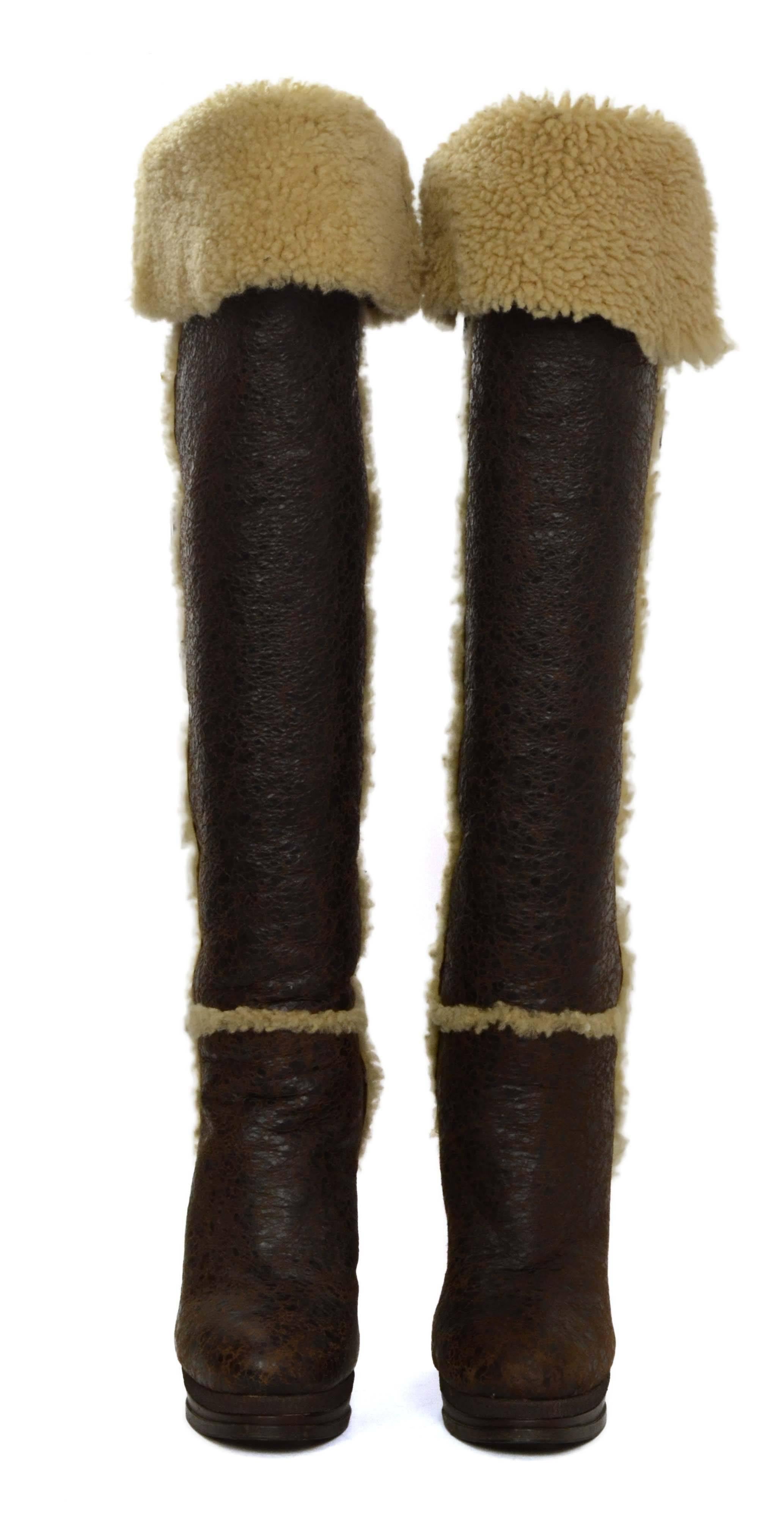 Casadei Brown Shearling Tall Boots sz 9 In Excellent Condition In New York, NY