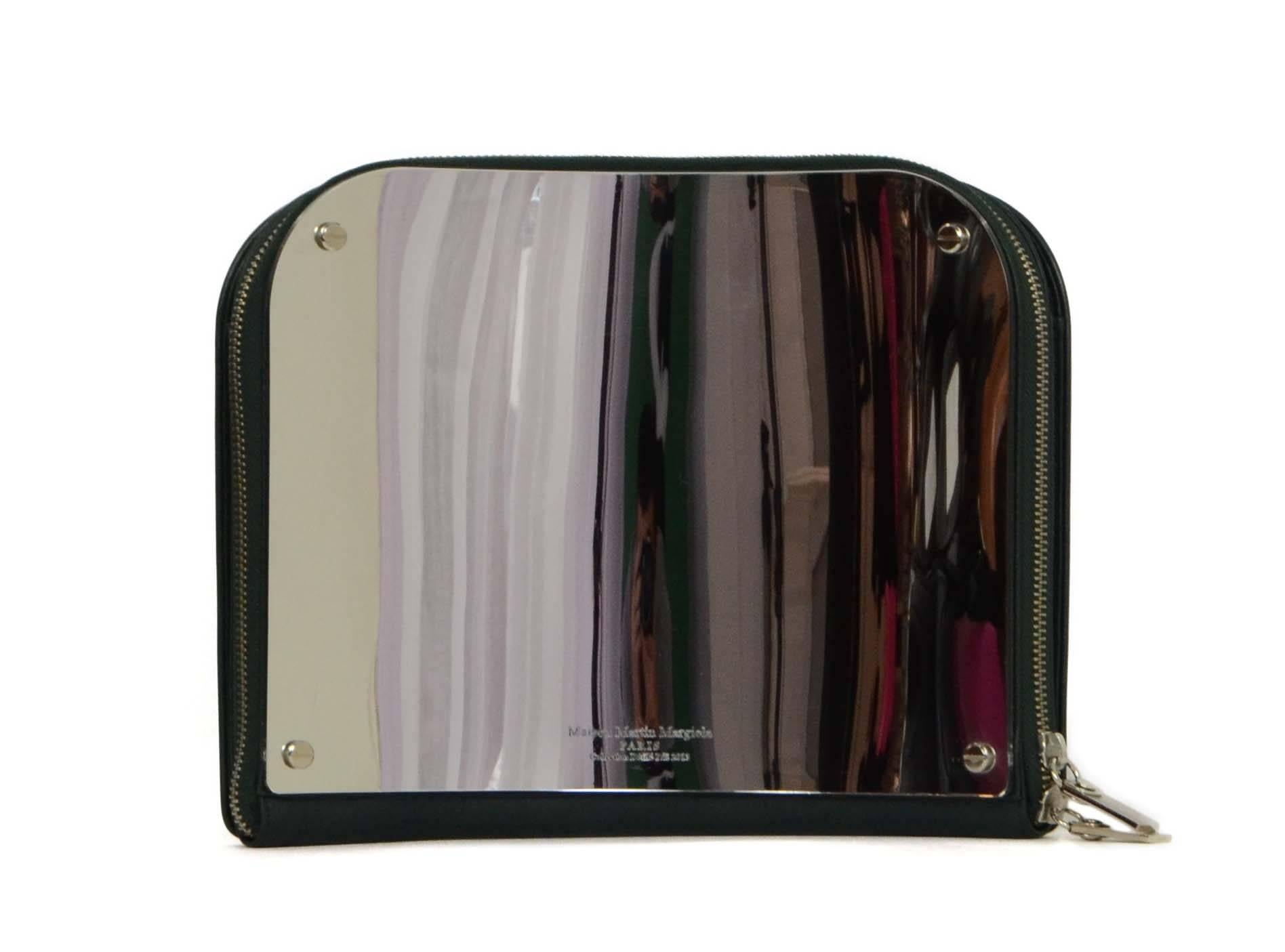 Maison Martin Margiela Fun House Mirror Clutch 
Features dark green leather around sides and on back panel
Made In: Italy
Year of Production: 2013
Color: Green and silver
Hardware: Silvertone
Materials: Leather and glass
Lining: Black