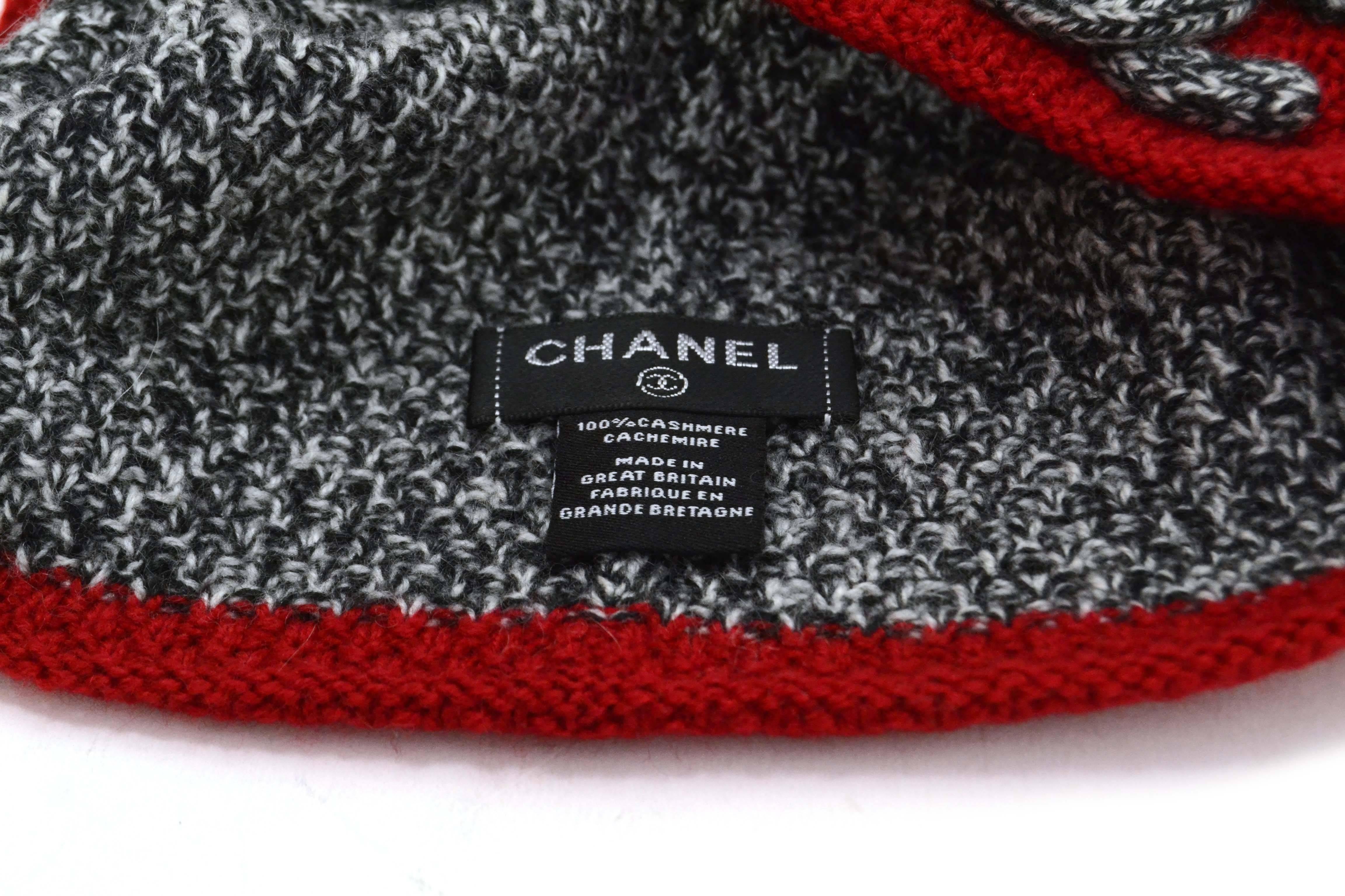 Women's Chanel Black/White Cashmere Knit CC Scarf Hat & Glove Set w/ Red Trim
