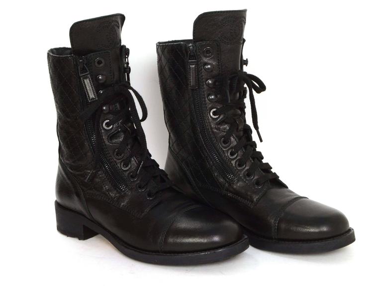 Chanel Black Leather Lace Up Combat Boots sz 39 at 1stdibs