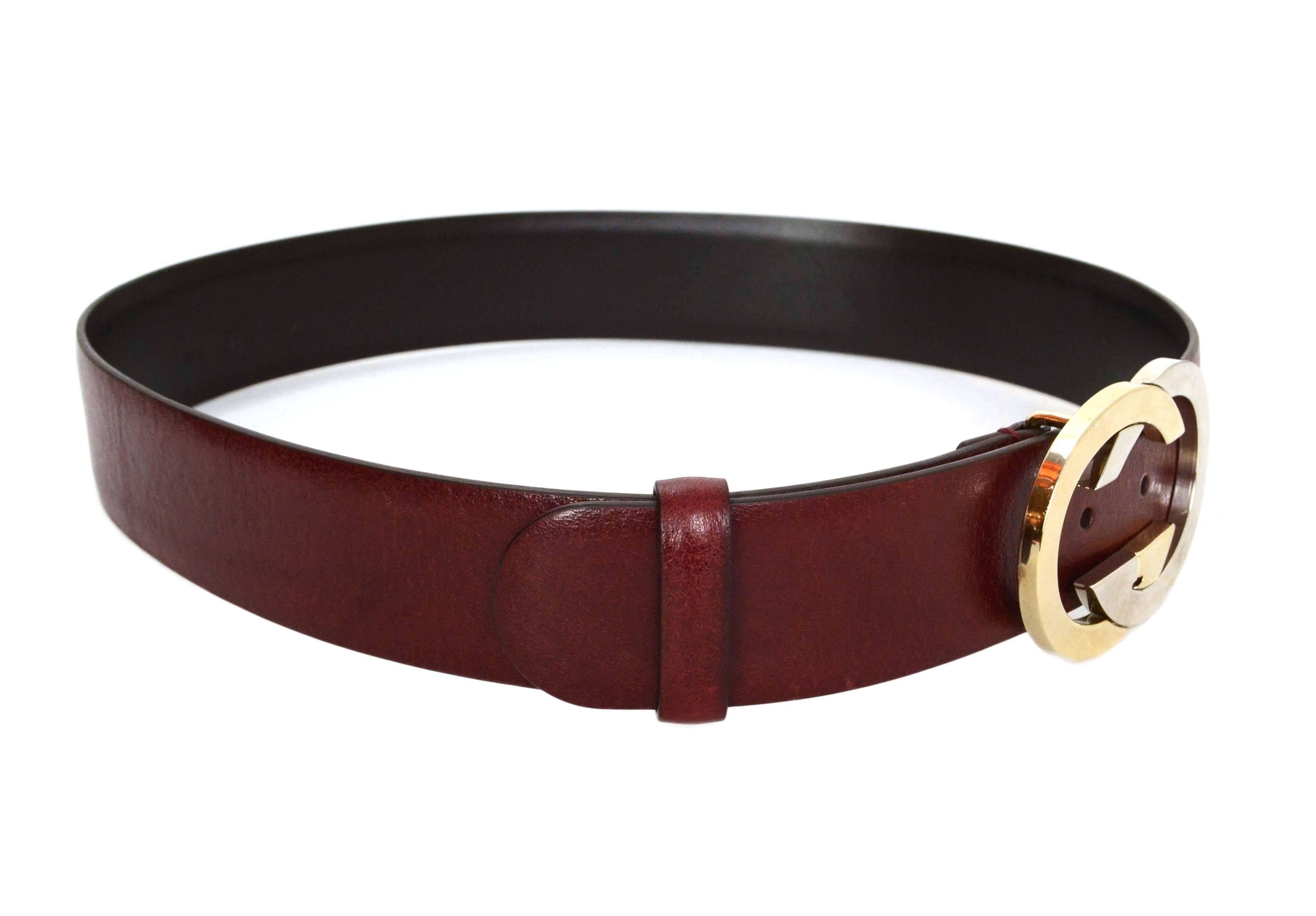 Gucci Burgundy Leather Belt With Two Tone Buckle

Made In: Italy

Color: Burgundy, black

Hardware: Gold and silver

Materials: Leather, metal

Serial Number/Date Code: 132172-479610-80-32

Retail Price: $300 + tax

Overall Condition: