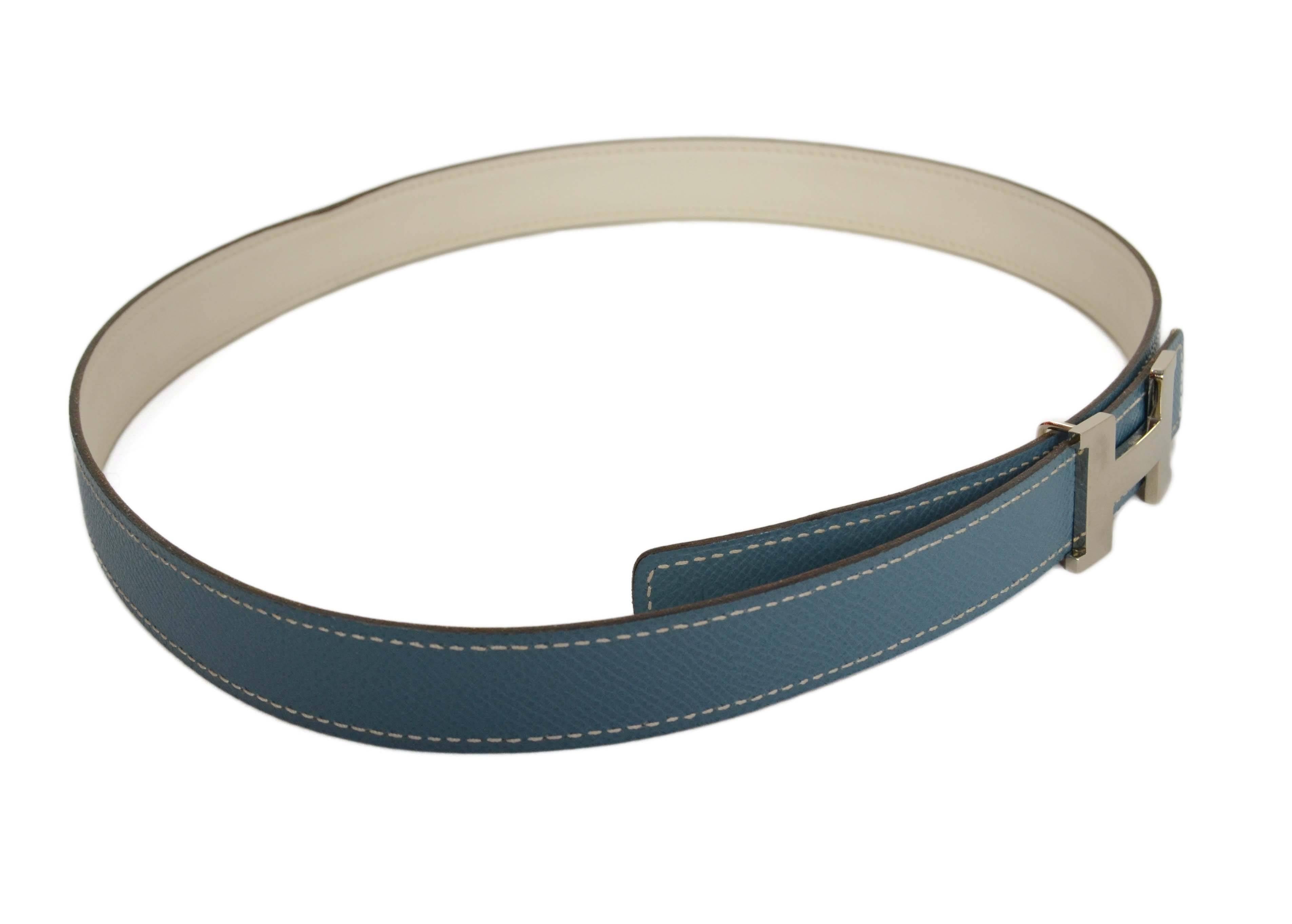 Hermes Blue Jean & White Leather Reversible Thin Belt sz 80 PHW In Excellent Condition In New York, NY