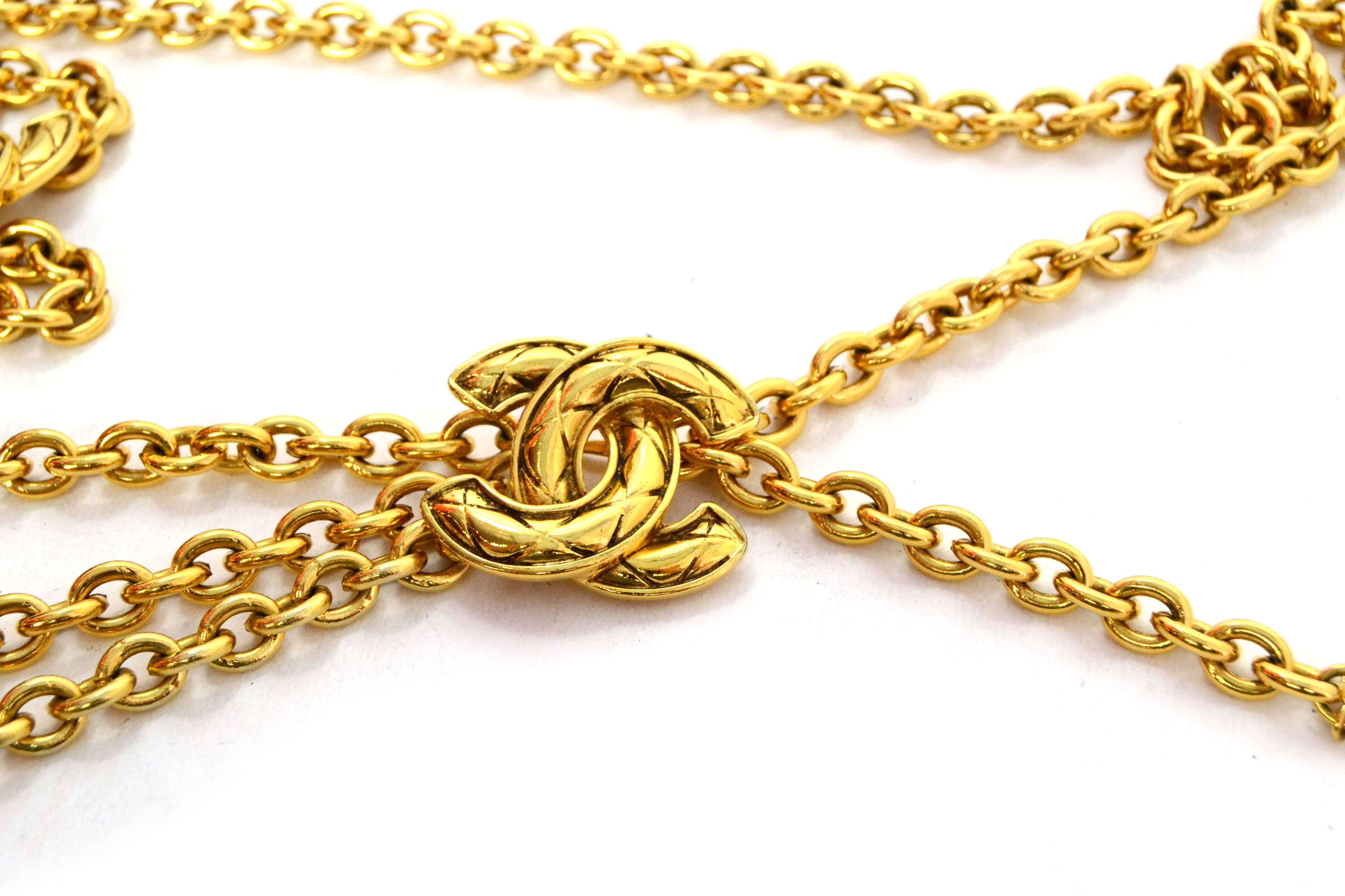 Chanel Vintage '90s Gold Chain Link Belt 
Features two large quilted CC's and small CC pendant at closure
Made In: France
Year of Production: 1990's
Color: Goldtone
Materials: Metal
Closure: Hook closure
Stamp: Chanel CC Made in