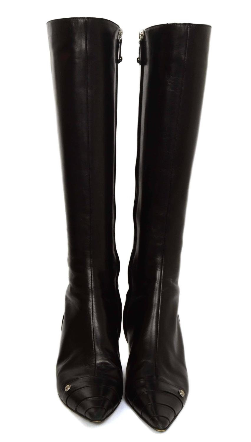 Chanel Black Leather Kitten Heel Knee-High Boots sz 38 at 1stdibs