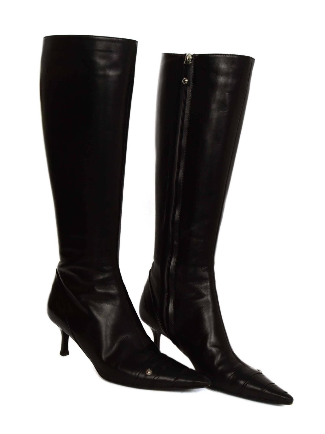 Chanel Black Leather Kitten Heel Knee-High Boots sz 38 at 1stdibs