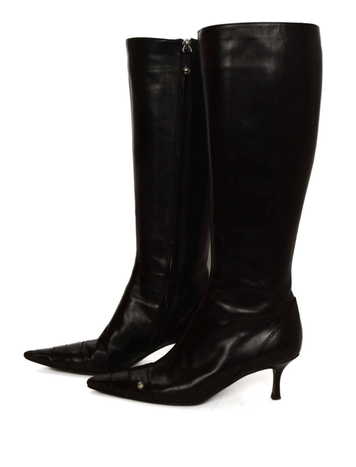 Chanel Black Leather Kitten Heel Knee-High Boots sz 38 at 1stdibs