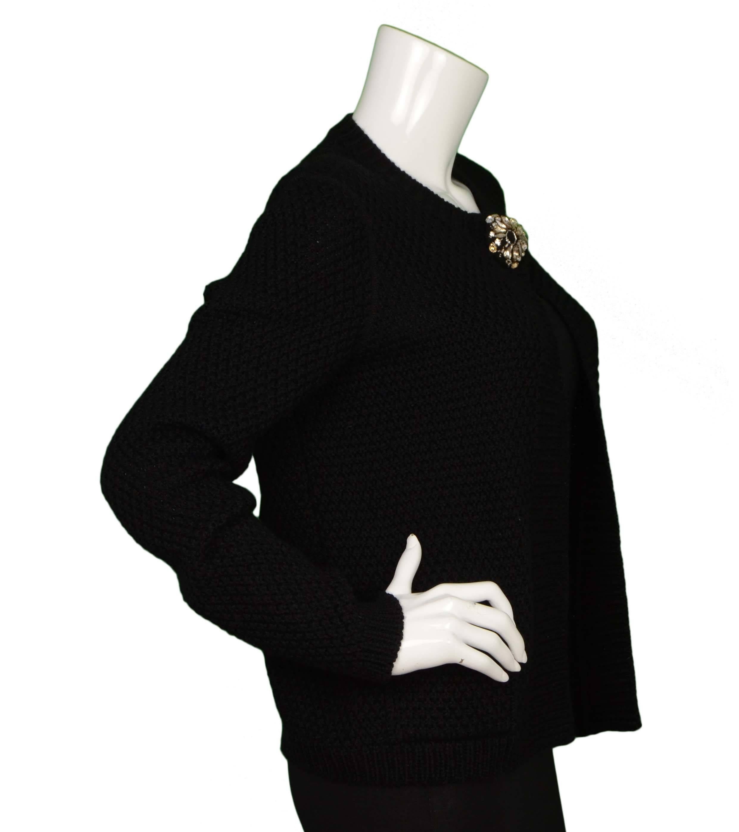 Lanvin Black Knit Wool Cardigan Sweater 
Features intricately embellished neckline snap button
Made In: Italy
Color: Black
Composition: 100% fleece wool
Lining: None
Closure/Opening: One neckline snap button 
Exterior pockets: Two patch