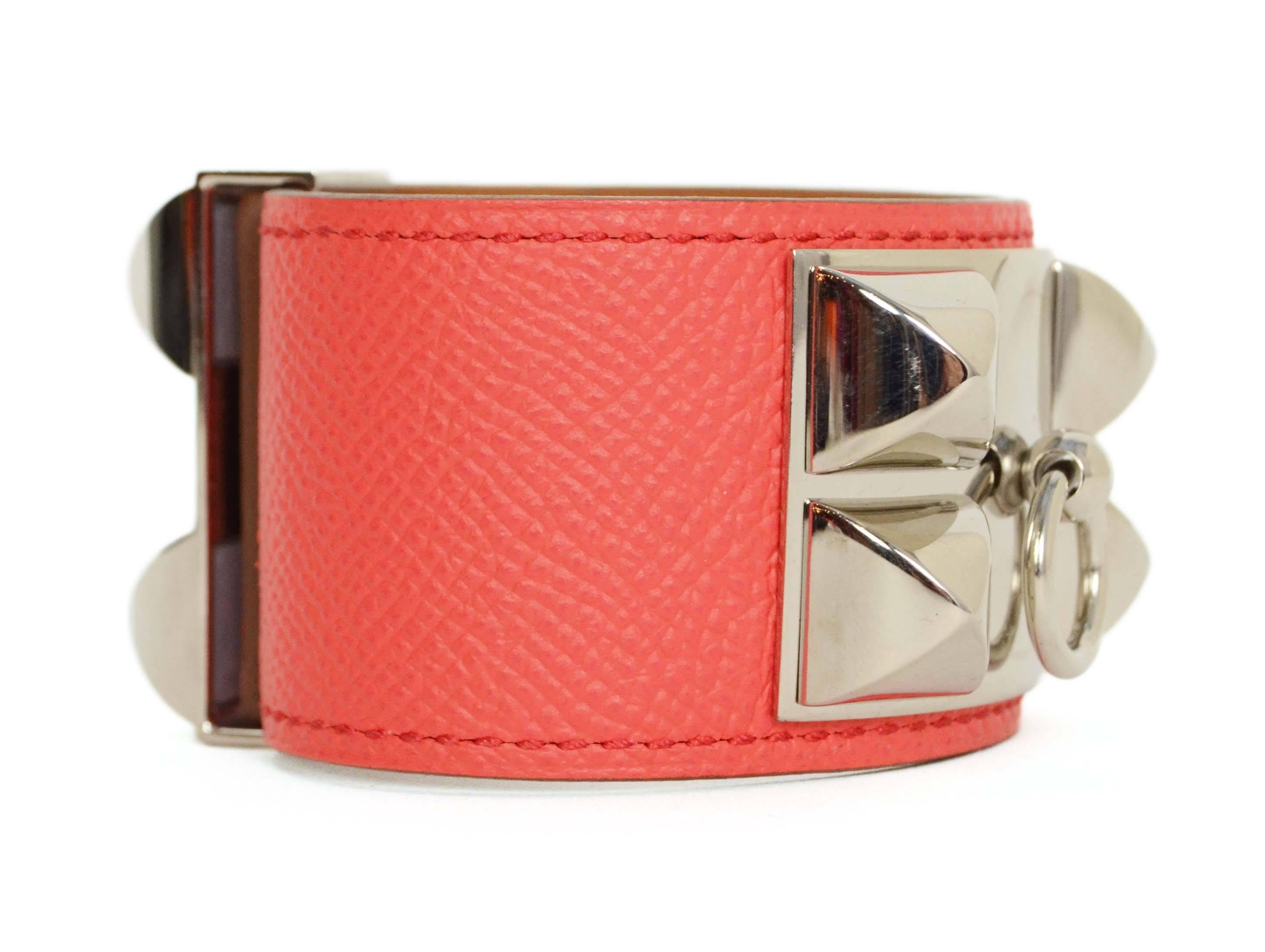 Hermes Jaipur Pink Leather CDC Cuff 
Made In: France
Year of Production: 2015
Color: Jaipur pink and silver
Hardware: Palladium
Materials: Leather and metal
Closure: Stud and notch closure with sliding bar
Stamp: T stamp
Overall Condition: