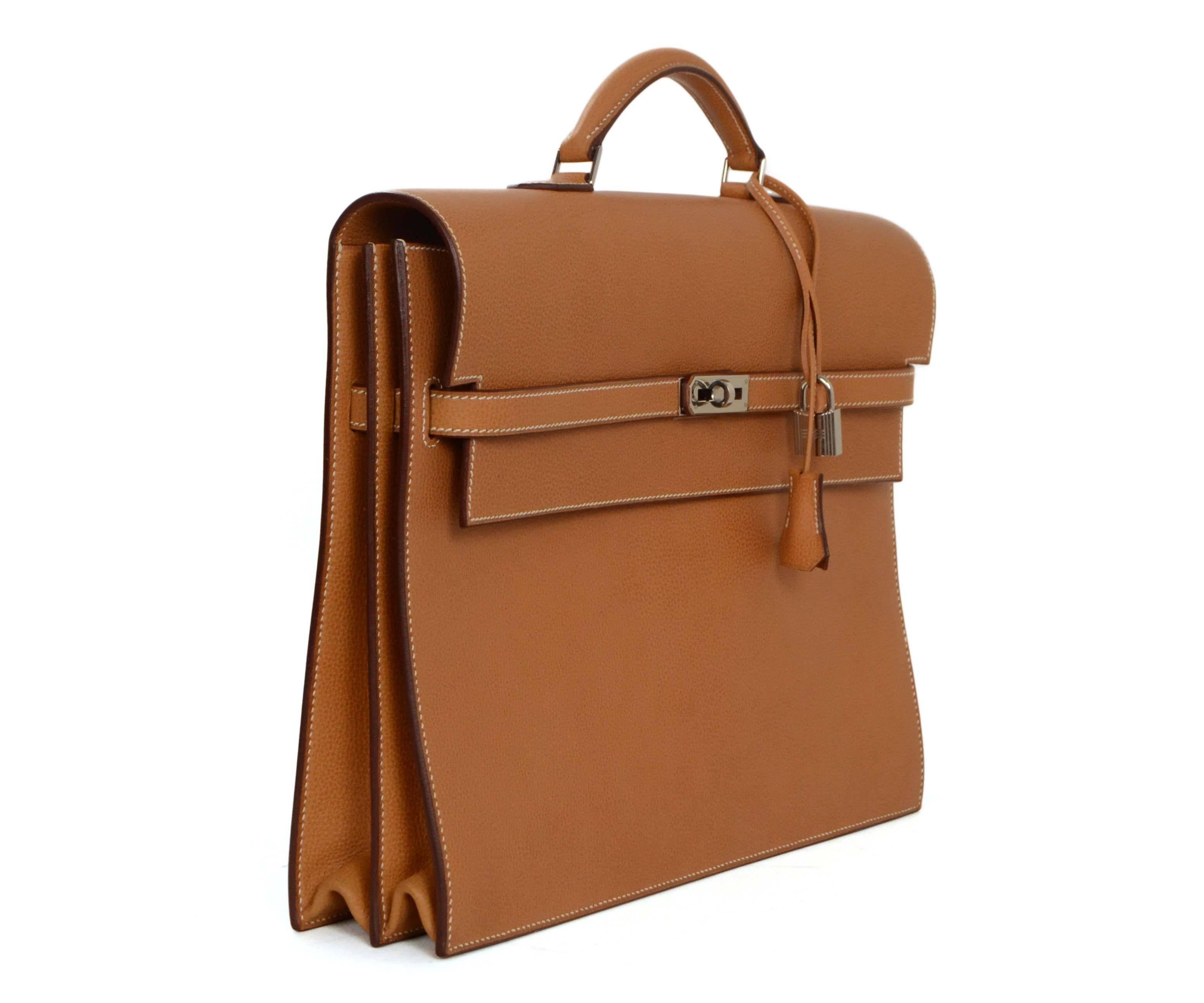 Hermes Gold Vache Liegee 38cm Kelly Depeche Briefcase 
Features white contrast stitching
Made In: France
Year of Production: 2004
Color: Gold (tan)
Hardware: Palladium
Materials: Vache liegee leather
Lining: Gold (tan) leather and
