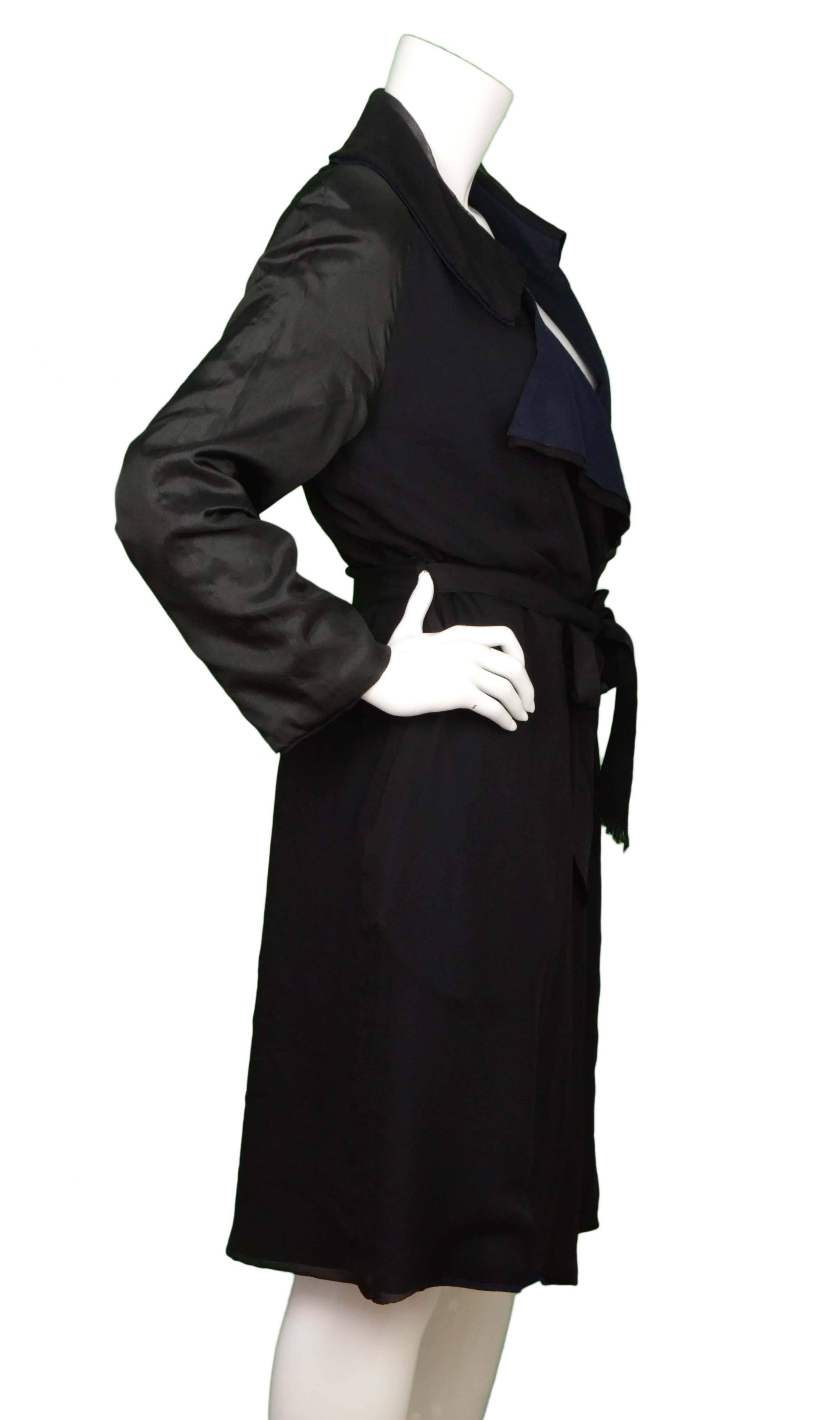 Lanvin Navy & Black Silk Long Coat 
Features waist tie
Made In: France
Color: Navy and black
Composition: 100% weaved silk
Lining: Navy knitted wool
Closure/Opening: Open front with waist tie
Exterior Pockets: Two hip pockets
Interior