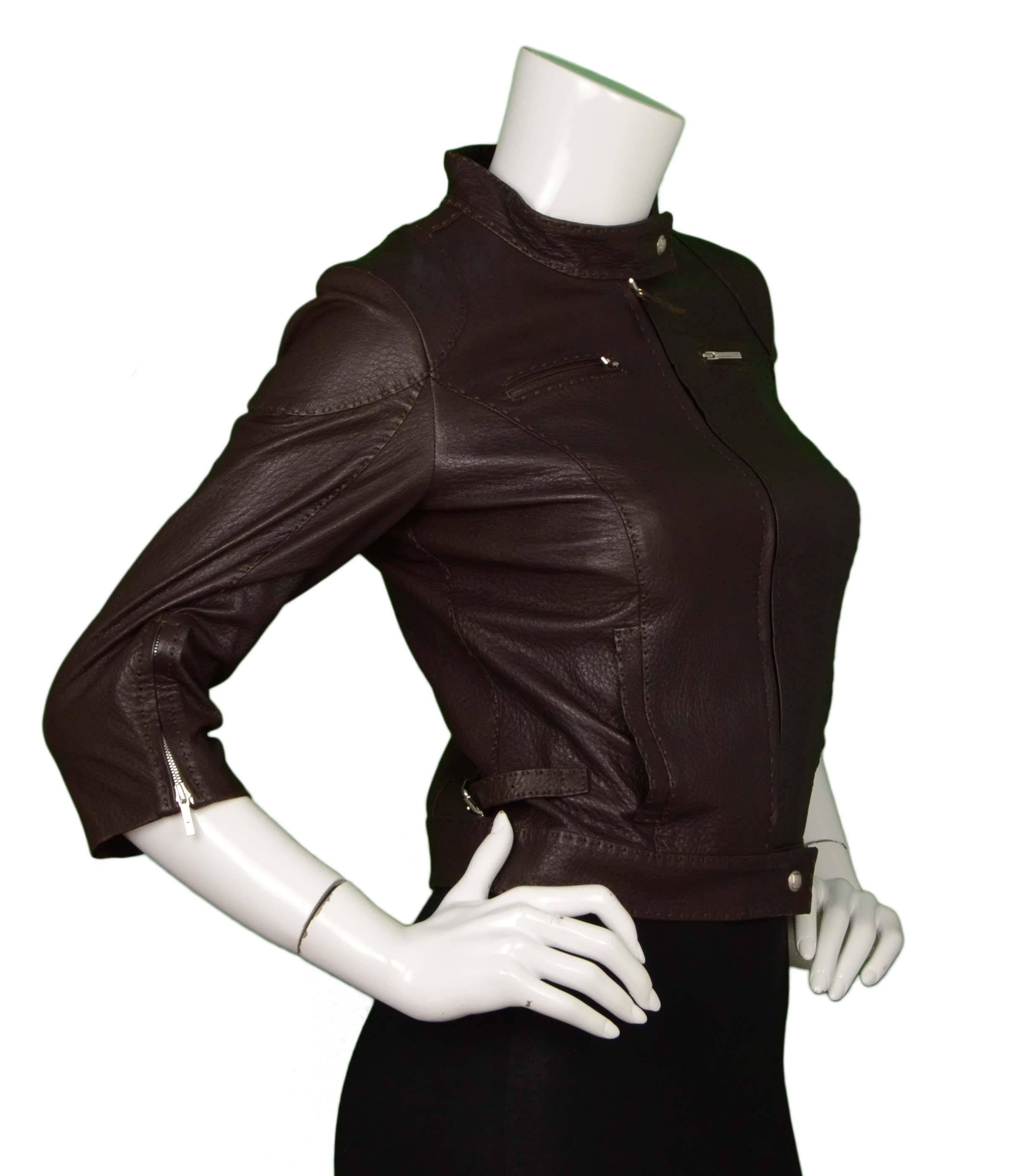 Fendi Brown Leather Cropped Jacket 
Features thick brown stitched detailing throughout exterior
Made In: Italy
Color: Brown
Composition: 100% leather
Lining: Tan, 100% cupro
Closure/Opening: Front center zip up
Exterior Pockets: Two hip