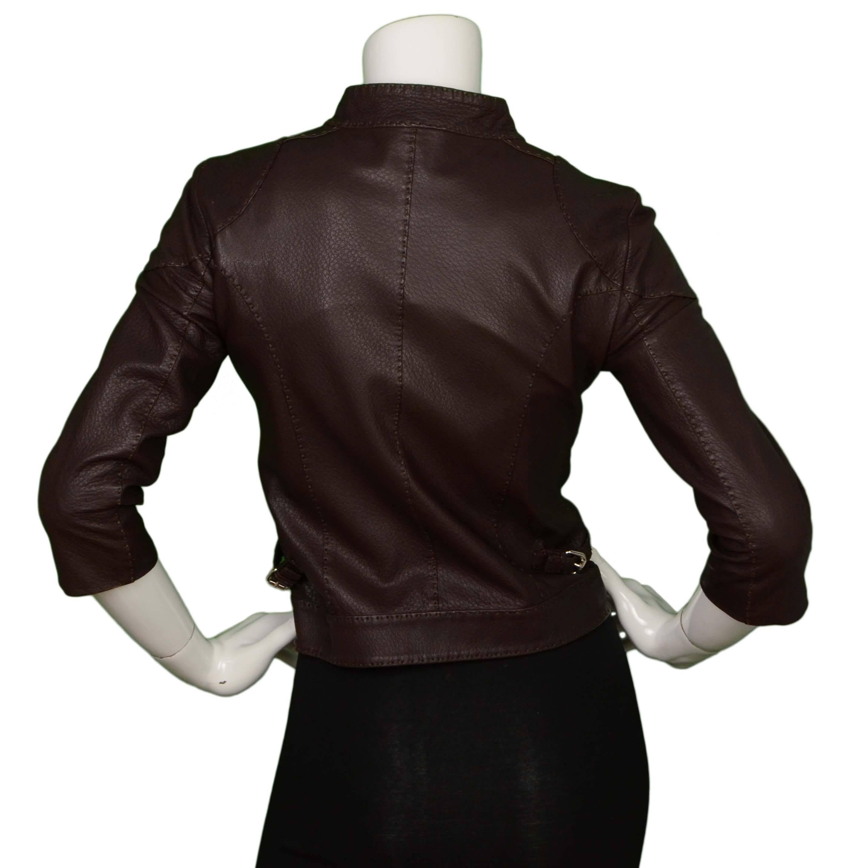 Fendi Brown Leather Cropped Jacket sz 38 In Excellent Condition In New York, NY