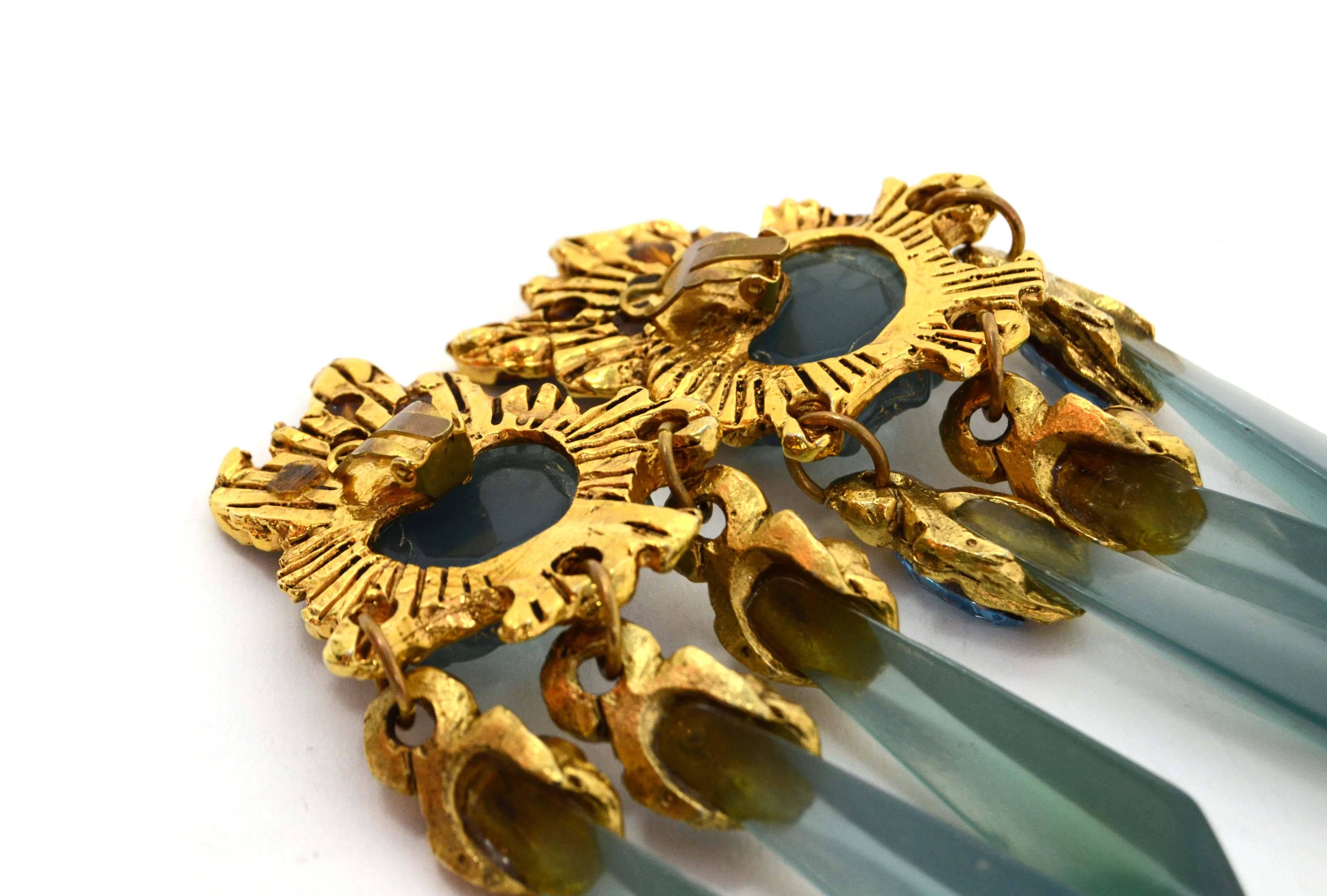 Blue Stone & Crystal Chandelier Clip On Earrings In Excellent Condition In New York, NY