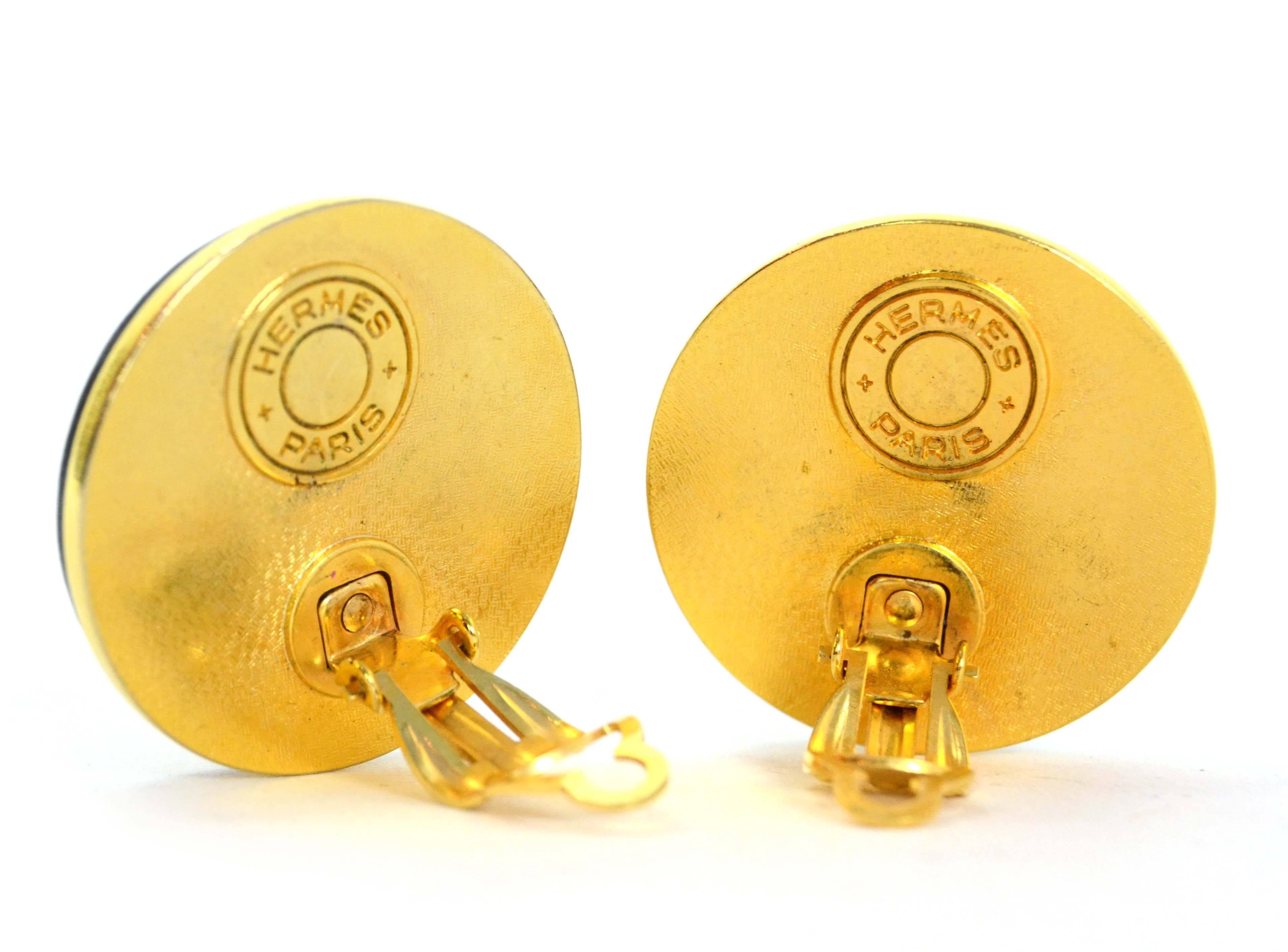 Hermes Black Leather & Gold Medor Clip On Earrings In Excellent Condition In New York, NY