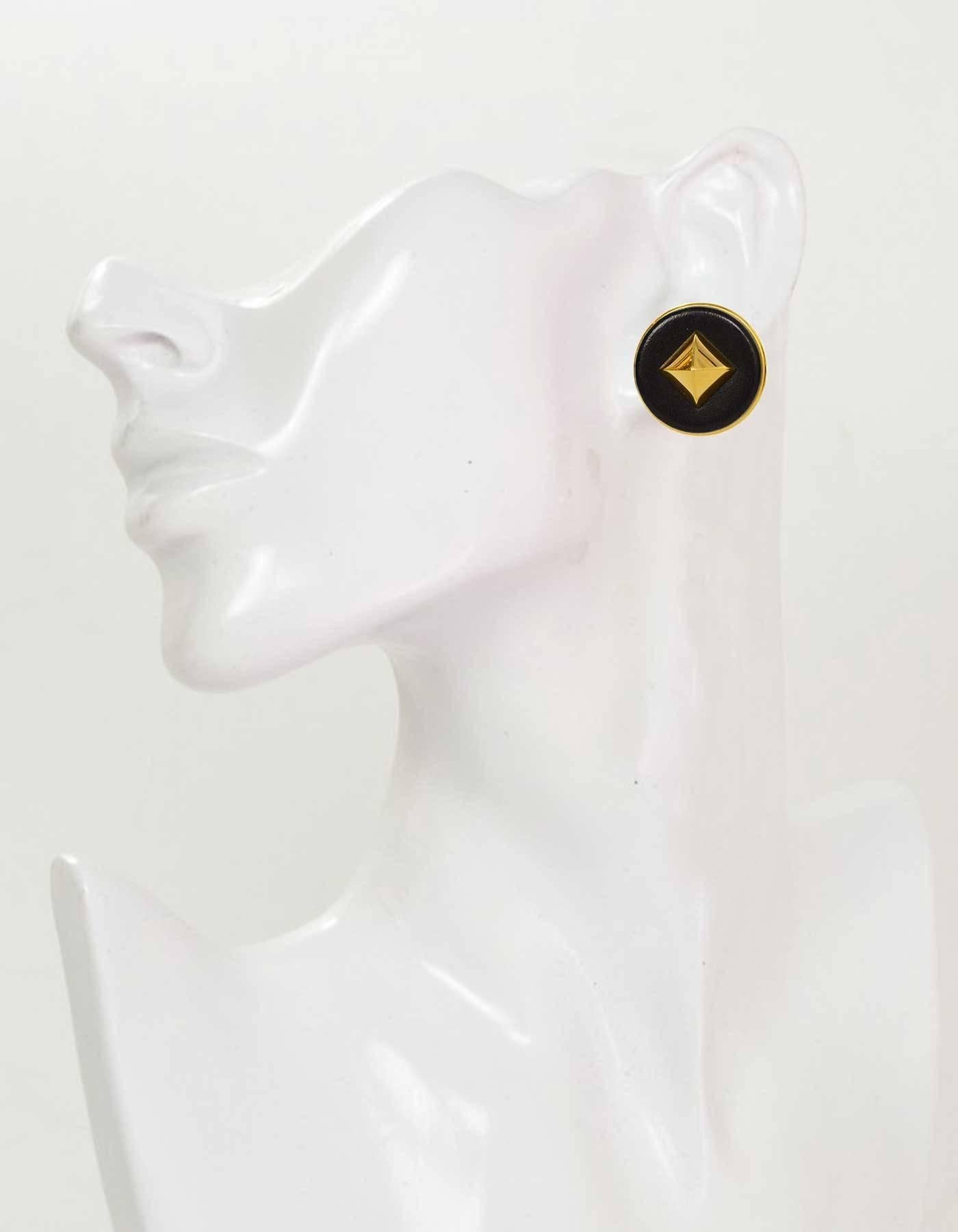 Women's Hermes Black Leather & Gold Medor Clip On Earrings