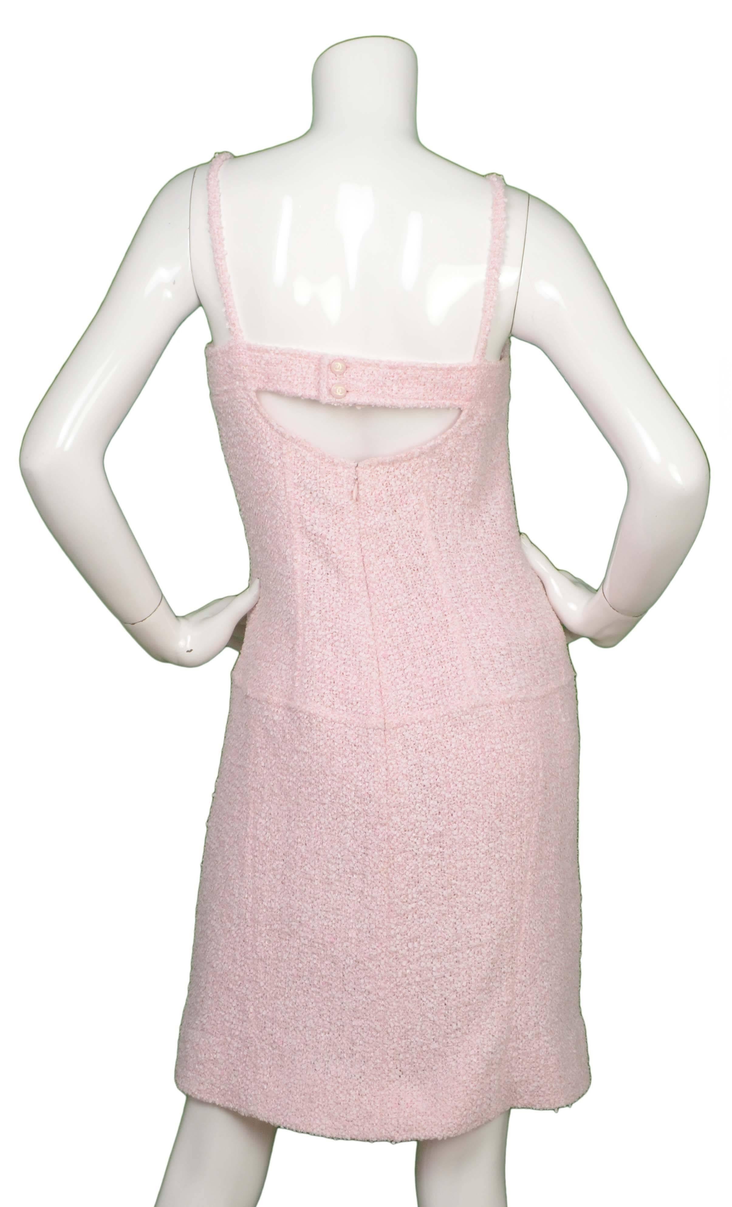 Chanel Pink Boucle Spaghetti Strap Dress sz 40 In Excellent Condition In New York, NY