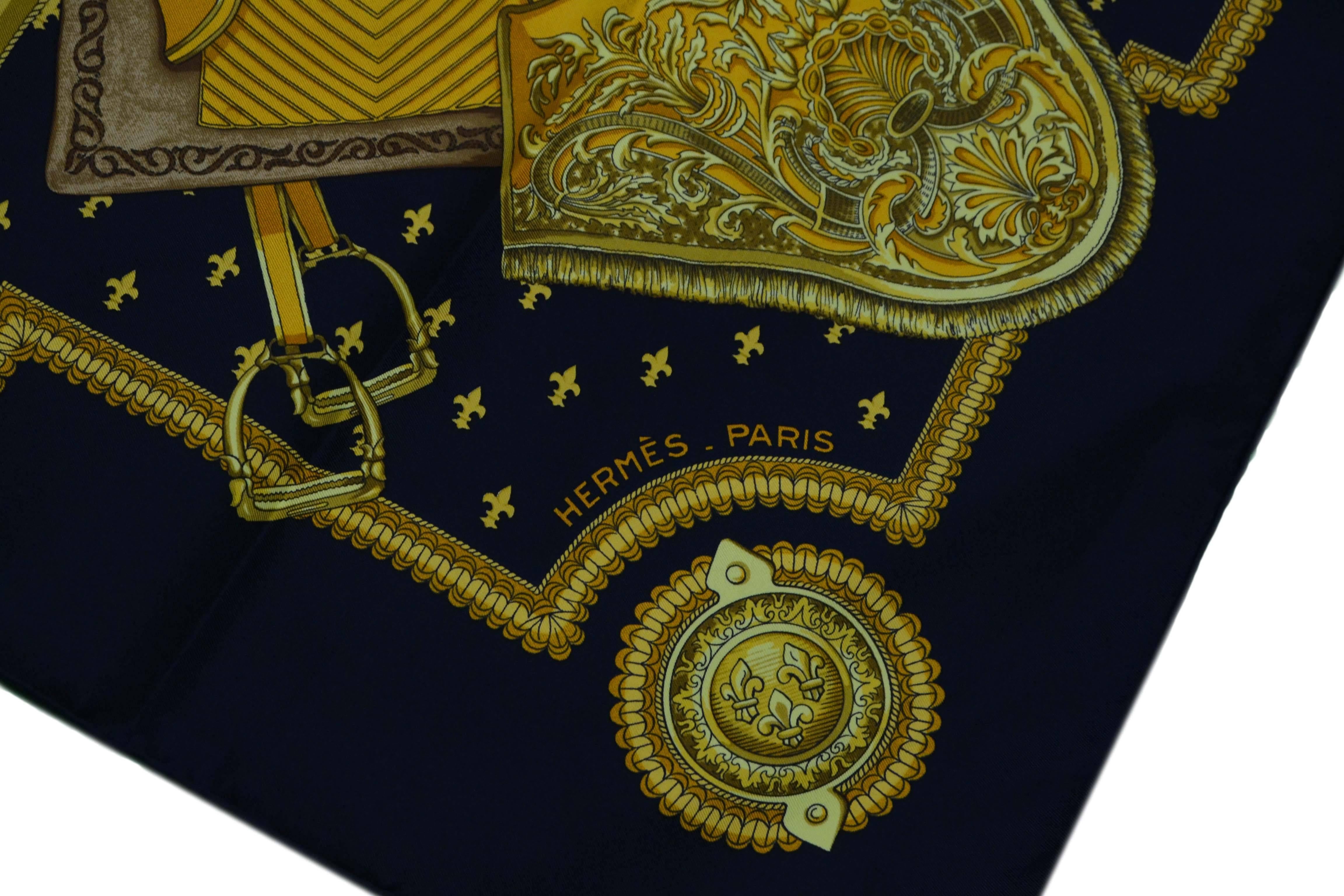 Hermes Black & Gold 'Selles A Housse' 90cm Silk Scarf In Excellent Condition In New York, NY
