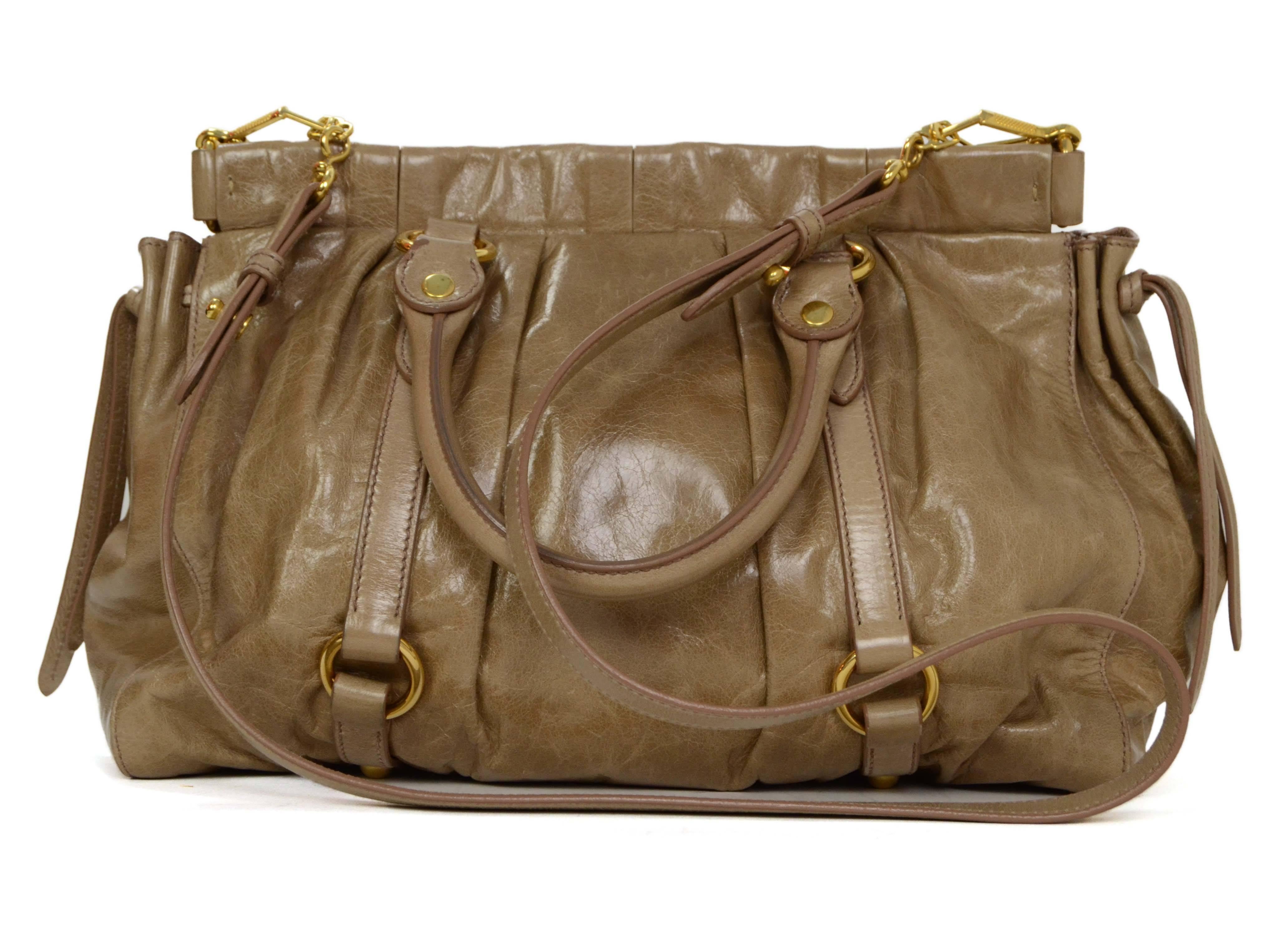 Miu Miu Beige Distressed Leather Ruched Tote Crossbody Bag GHW In Excellent Condition In New York, NY