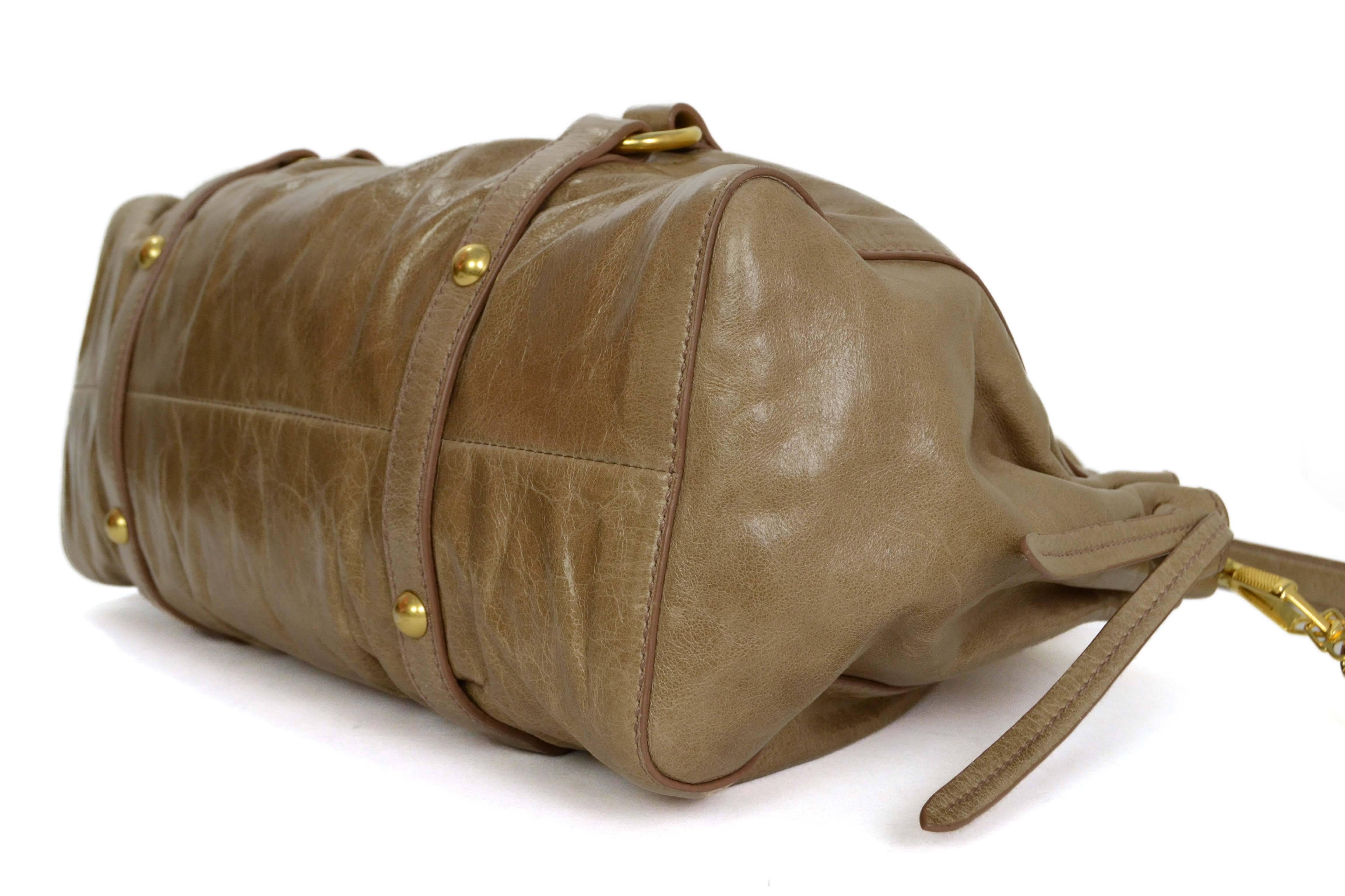 Miu Miu Beige Distressed Leather Ruched Tote Crossbody Bag GHW 1