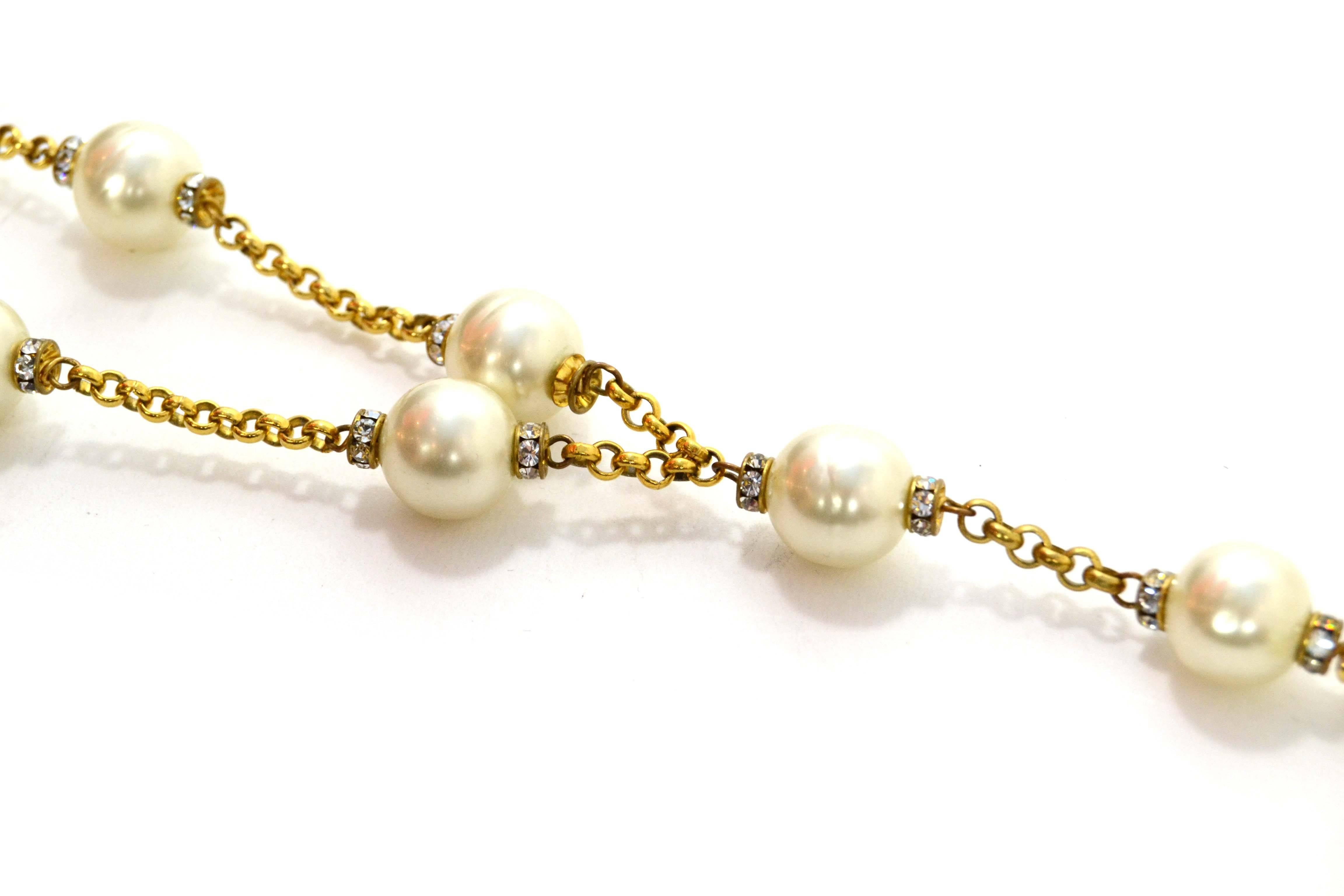 Chanel Vintage '90s Pearl Lariat Necklace
Features rondelles on both sides of pearls

Made In: Italy
Year of Production: 1990-1992
Color: Goldtone and ivory
Materials: Metal, faux pearl and crystal
Closure: Jump ring closure
Stamp: Chanel CC Made in