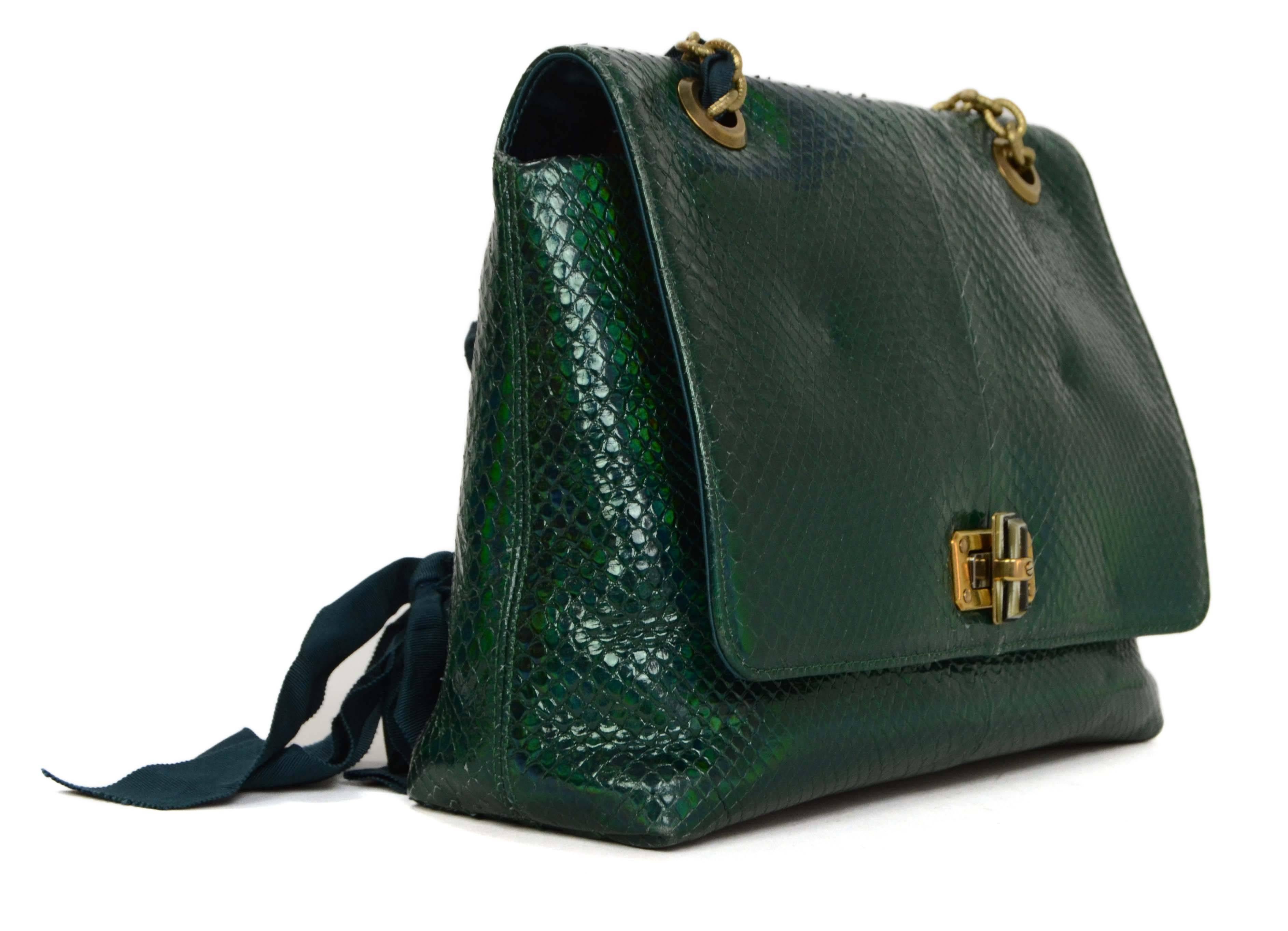 Lanvin Iridescent Green Pyton Happy Bag 
Features adjustable ribbon-woven chain link shoulder straps
Made In: Italy
Color: Iridescent green
Hardware: Goldtone
Materials: Python, grosgrain, and metal
Lining: Green satin
Closure/Opening: Flap