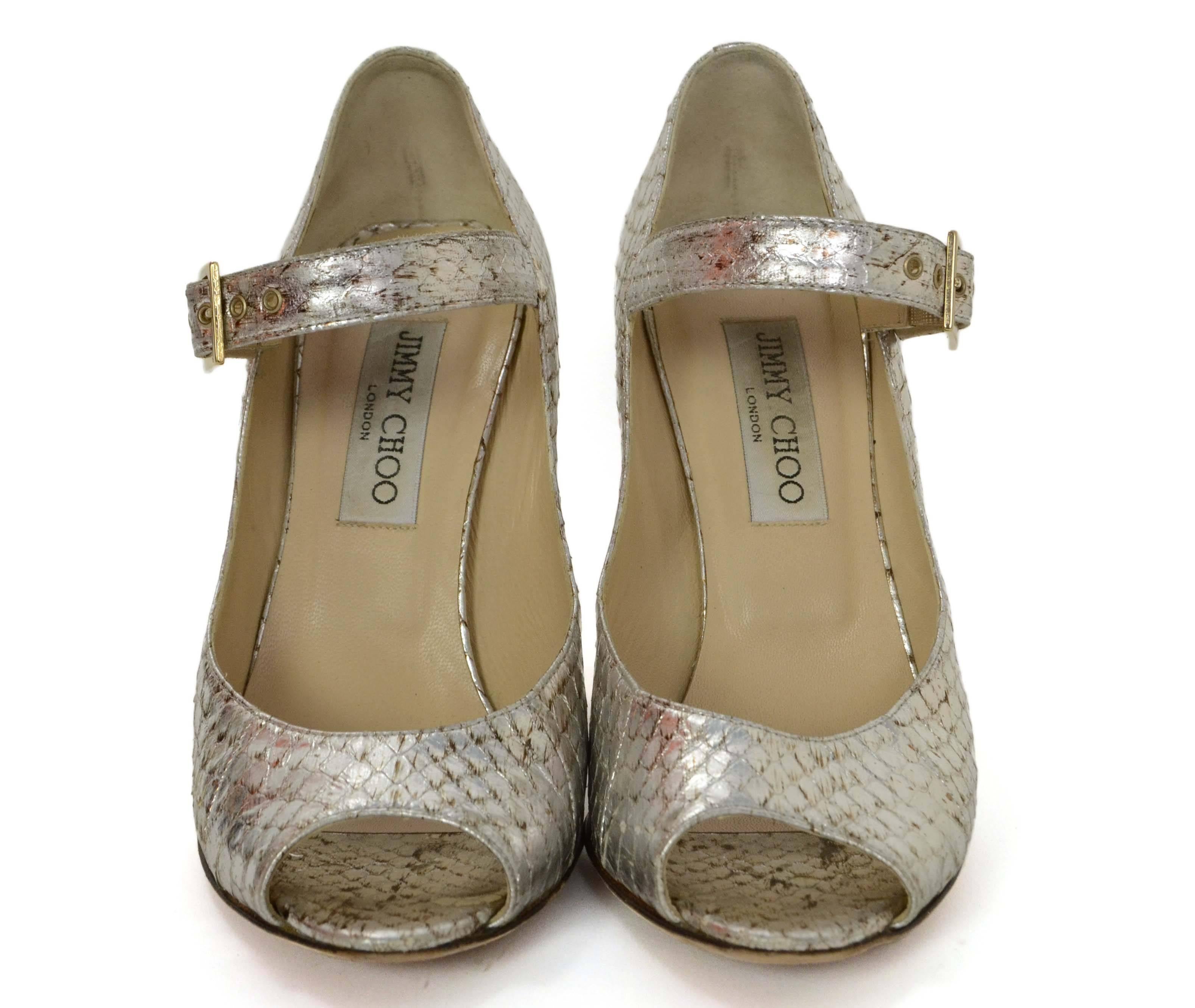 Jimmy Choo Silver Python Peep-Toe Mary Jane Pumps sz 36.5 In Good Condition In New York, NY