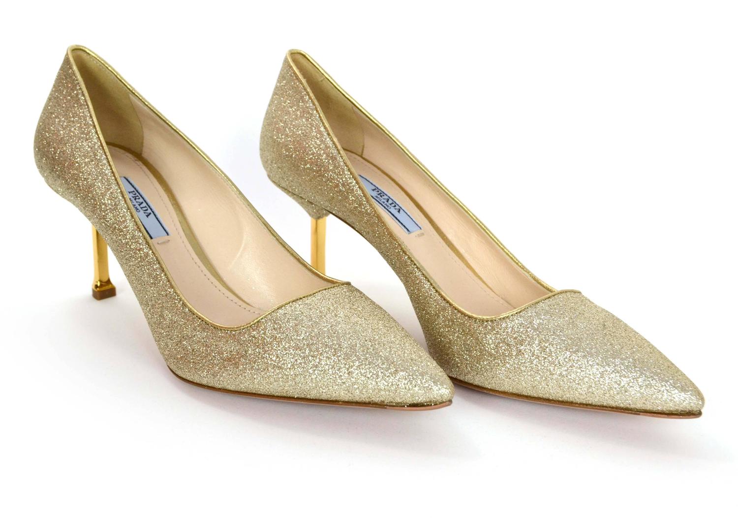 Prada Gold Glitter Kitten Heel Pumps sz 38.5 at 1stdibs