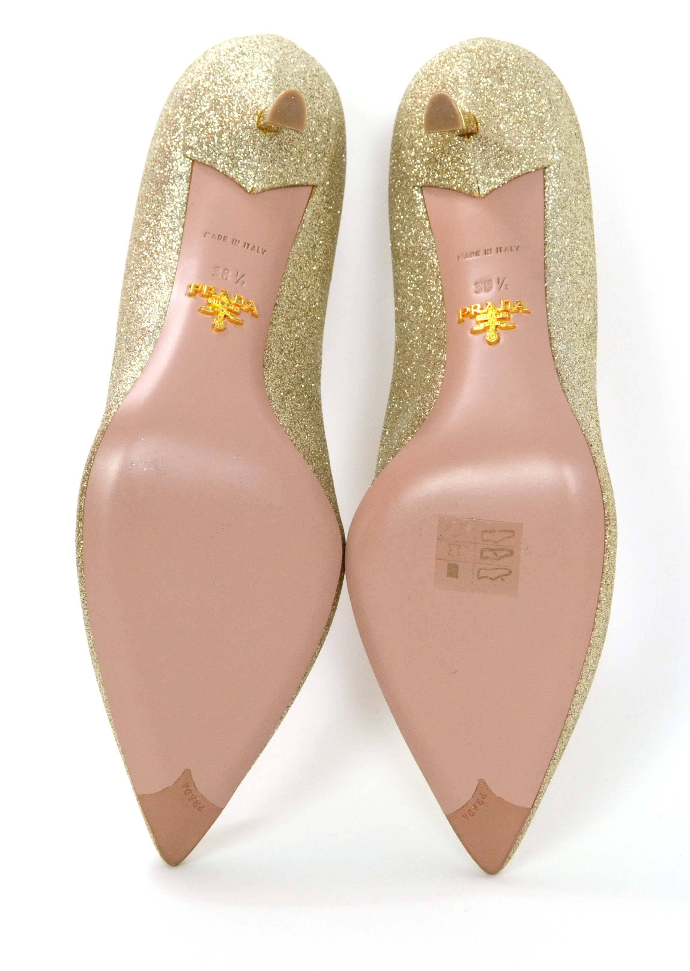 Women's Prada Gold Glitter Kitten Heel Pumps sz 38.5