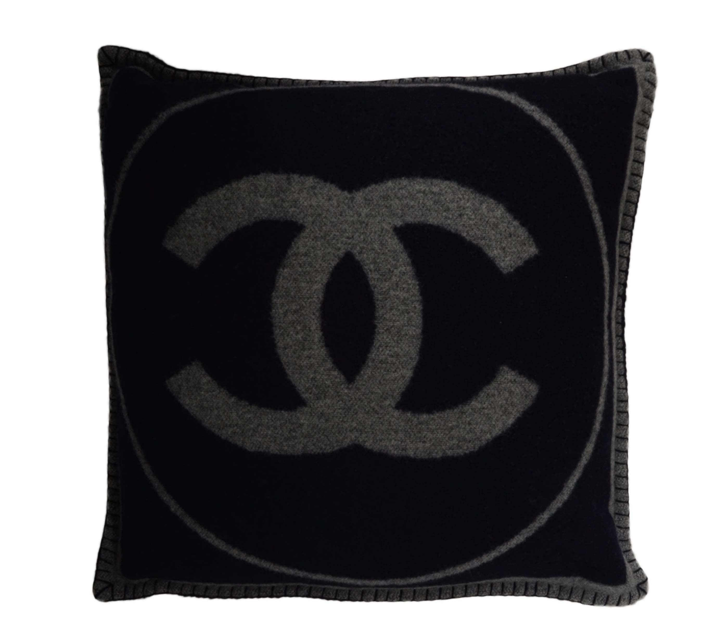 Chanel Grey & Navy Merino CC Pillow 
Features Grey CC on one side and blue CC on other
Made In: Scotland
Year of Production: 2013
Color: Grey and navy
Composition: 90% merino wool, 10% cashmere
Lining: 100% cotton
Filling: Duck