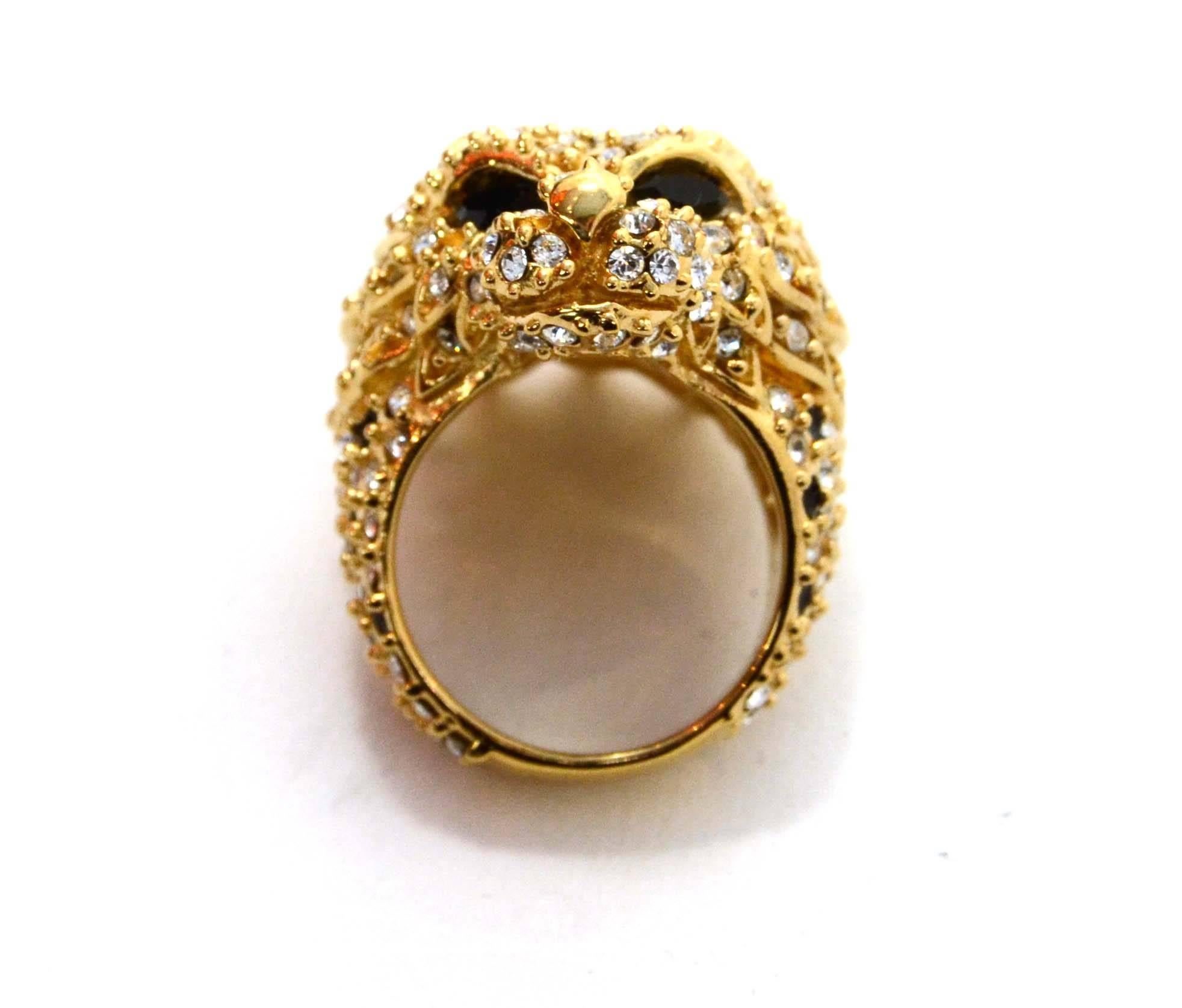 Saint Laurent Goldtone Crystal Lion Ring

    Made In: France

    Color: Gold, blacl

    Materials: Metal, crystal

    Stamp: SAINT LAURENT PARIS

    Retail Price: $795 + tax

    Overall Condition: Excellent pre owned condition

 