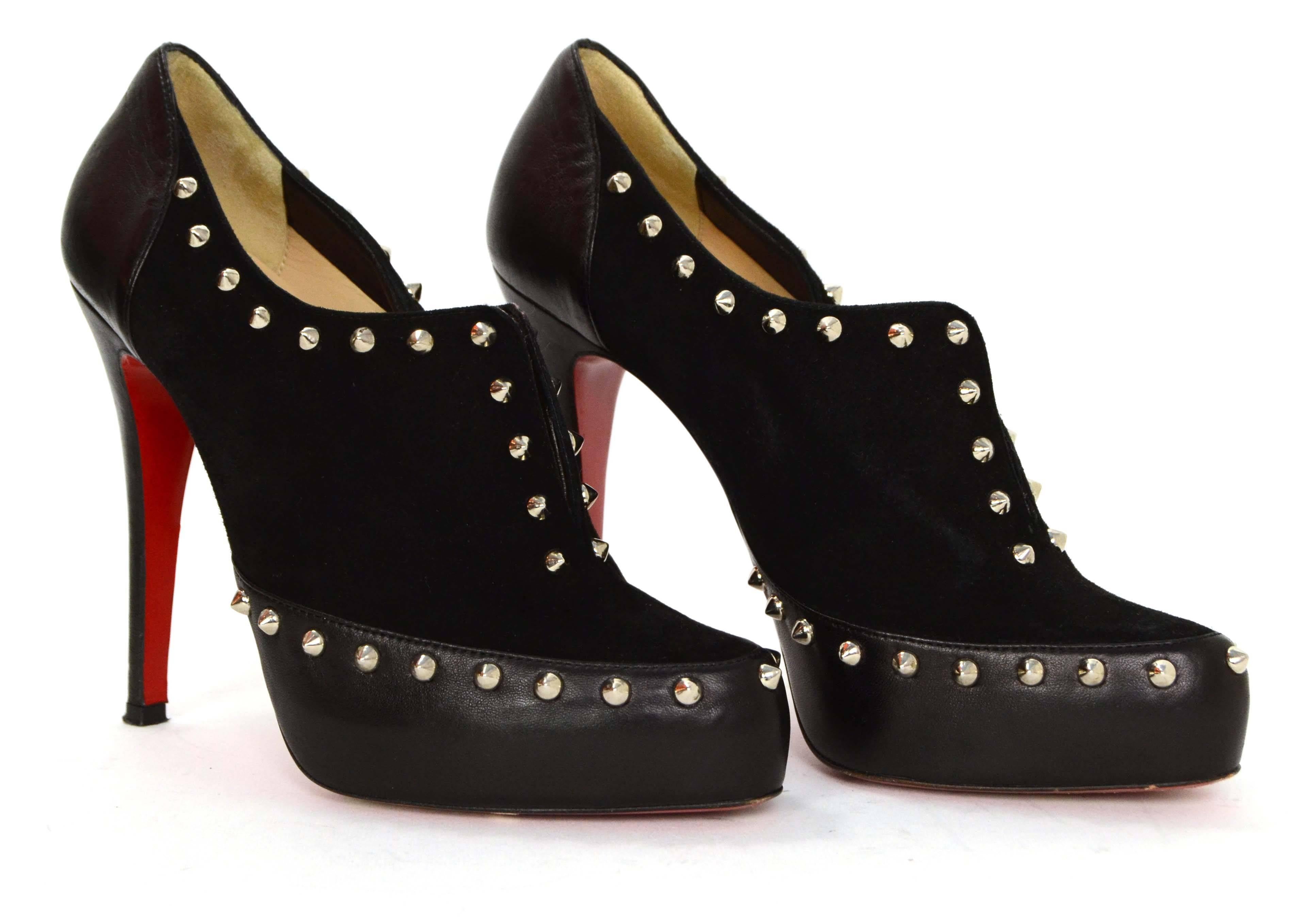 Christian Louboutin Black Suede & Leather Booties With Studs sz. 38 In Good Condition In New York, NY