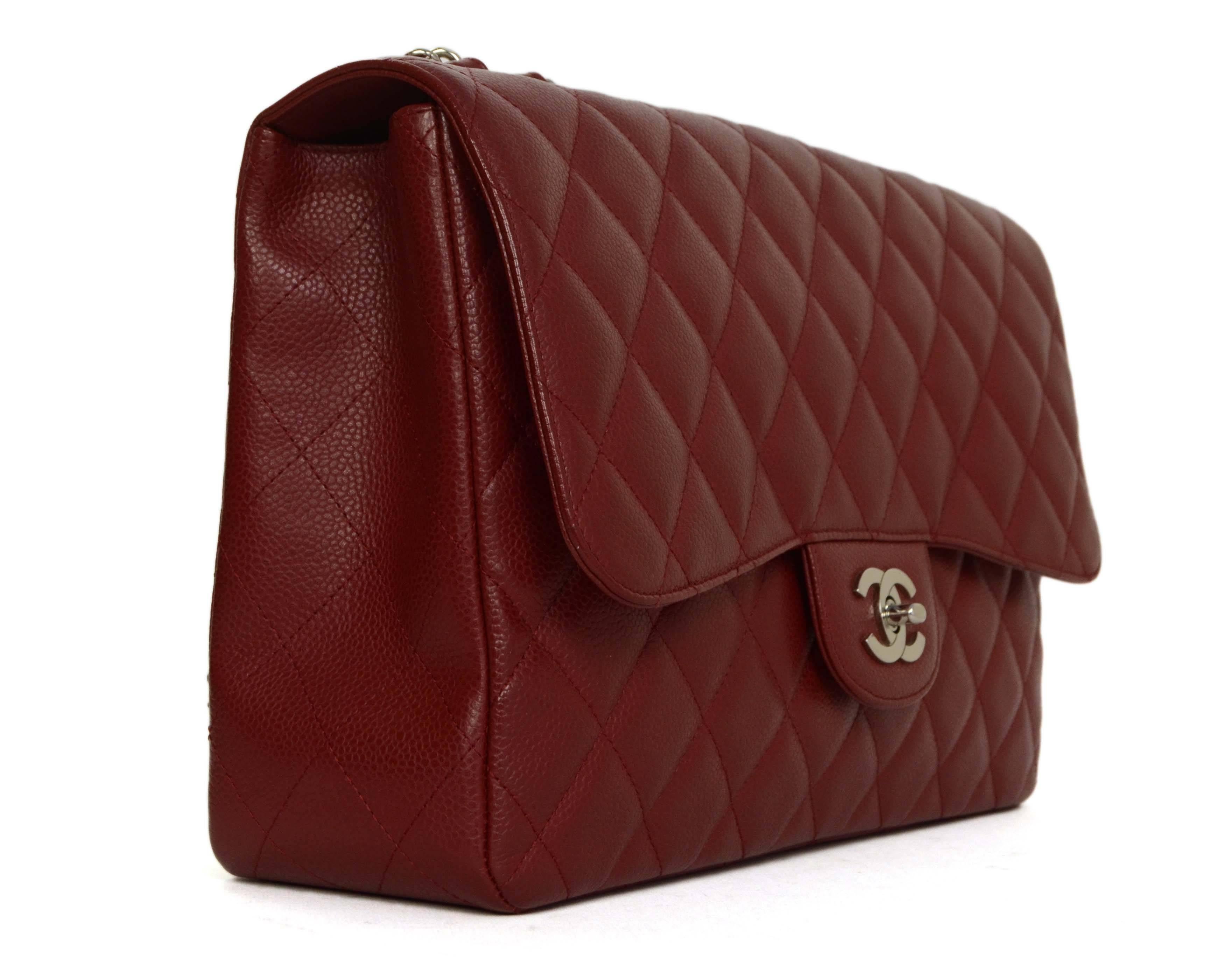 Chanel Red Quilted Caviar Single Flap Jumbo Classic Bag 
Features adjustable shoulder strap
Made In: France
Year of Production: 2009
Color: Red
Hardware: Silvertone
Materials: Caviar leather and metal
Lining: Red leather
Closure/Opening: