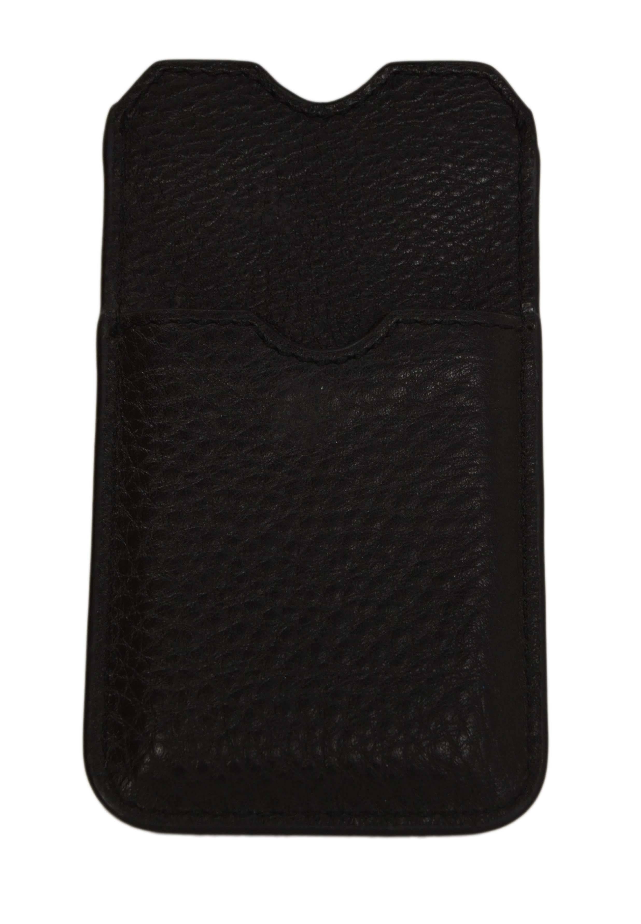 Burberry Black Leather Studded Cellphone Case 
Features gunmetal/black circular studs on one side of case
Made In: China
Color: Black
Hardware: Gunmetal/black
Materials: Leather and metal
Lining: Black canvas
Closure/Opening: Two