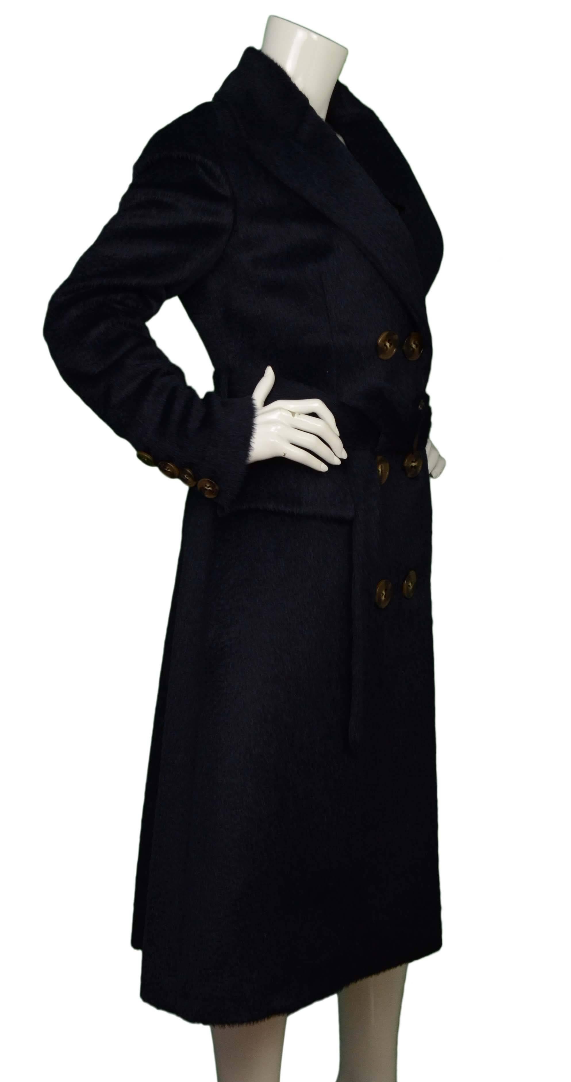 Burberry Prorsum Custom Midnight Blue Alpaca Long Coat 
Features optional waist belt
Made In: Italy
Year of Production: 2015
Color: Navy/Midnight blue
Composition: 72% alpaca, 28% wool
Lining: Black textile
Closure/Opening: Double breasted