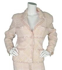 Chanel Claudia Schiffer Vintage '95 Beige & Pink Tweed Skirt Suit sz 46