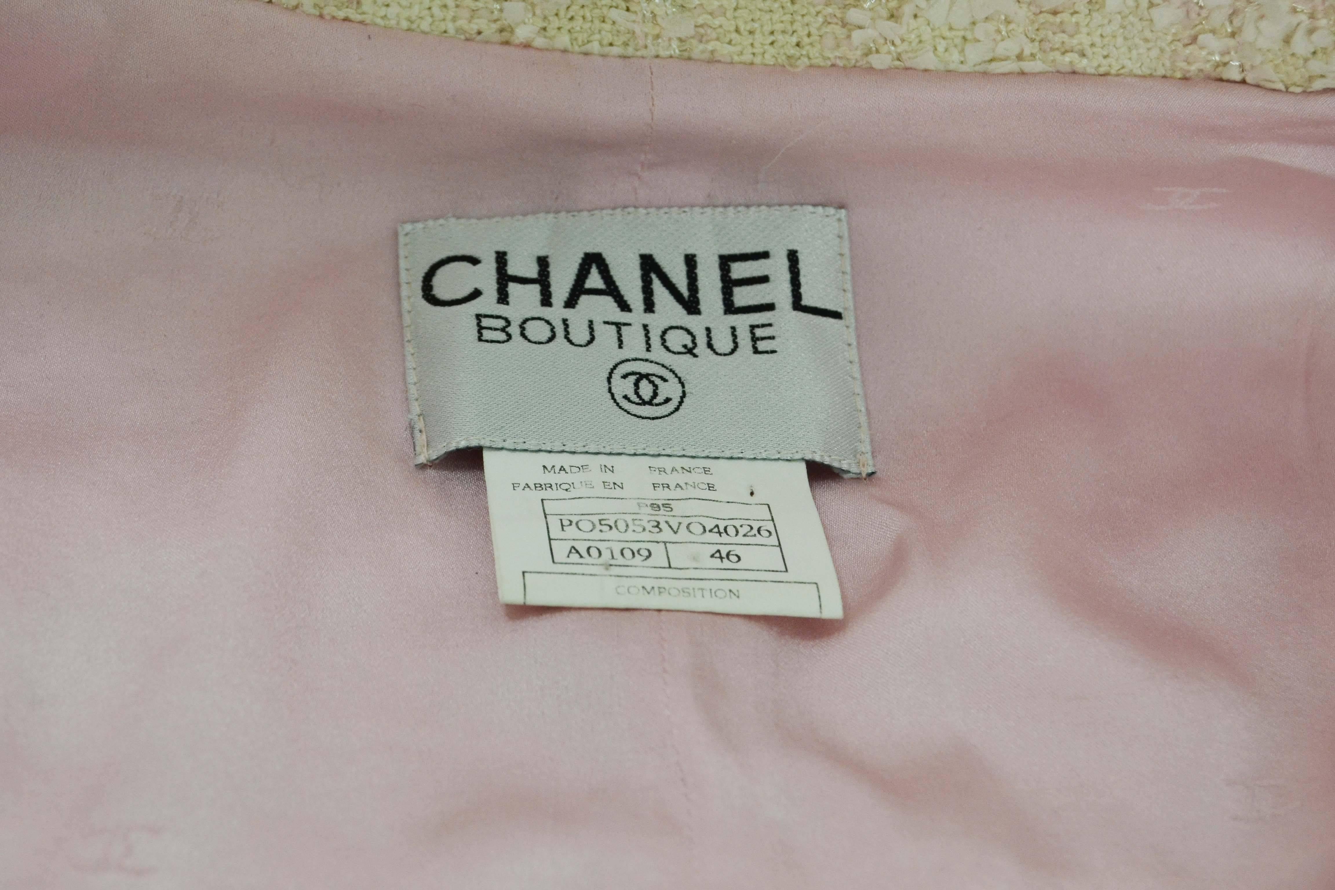 Chanel Claudia Schiffer Vintage '95 Beige & Pink Tweed Skirt Suit sz 46 1