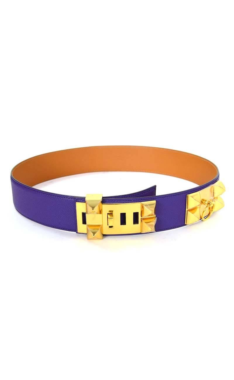 Hermes New Iris Purple Leather Collier De Chien CDC Belt With Gold Hardware, Box In Excellent Condition In New York, NY