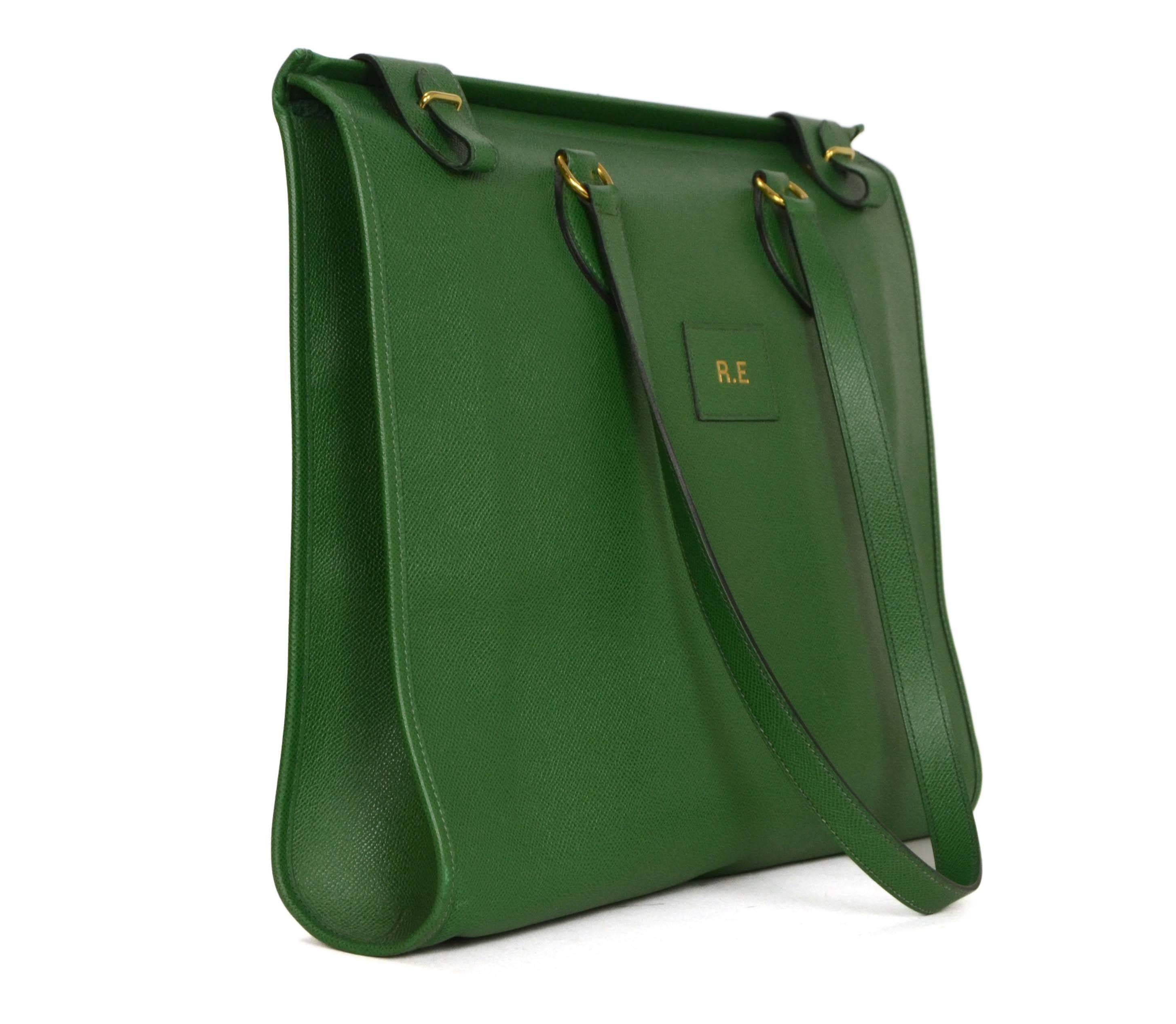 Hermes Vintage '93 Green Epsom Caba 40 Tote 
**NOTE: has initials R.E. stamped in gold on leather tab stitched on front of bag
Made In: Italy
Year of Production: 1993
Color: Green
Hardware: Goldtone
Materials: Epsom leather
Lining: Green