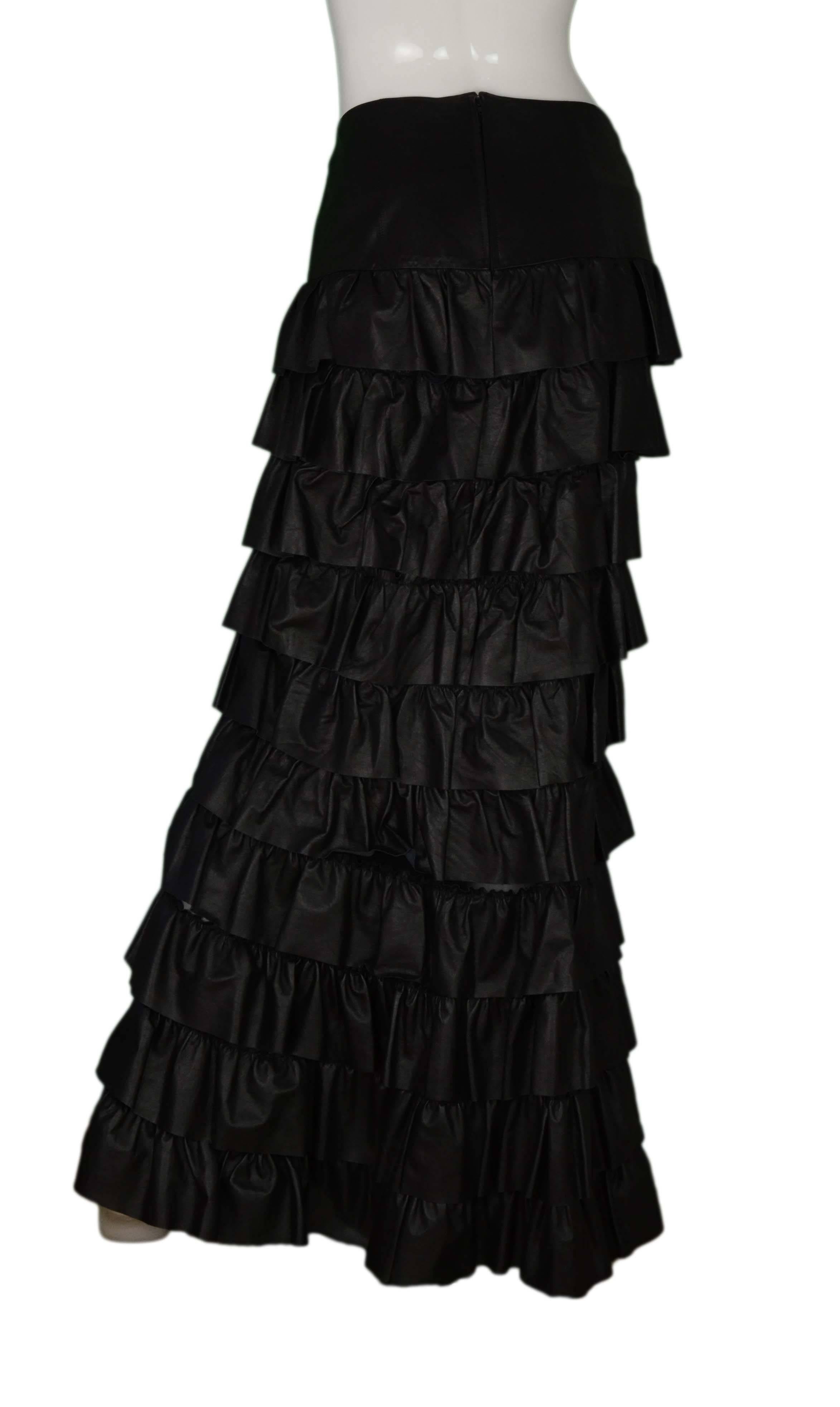 Chanel Black Leather Ruffle Floor Length Skirt sz 42 In Excellent Condition In New York, NY