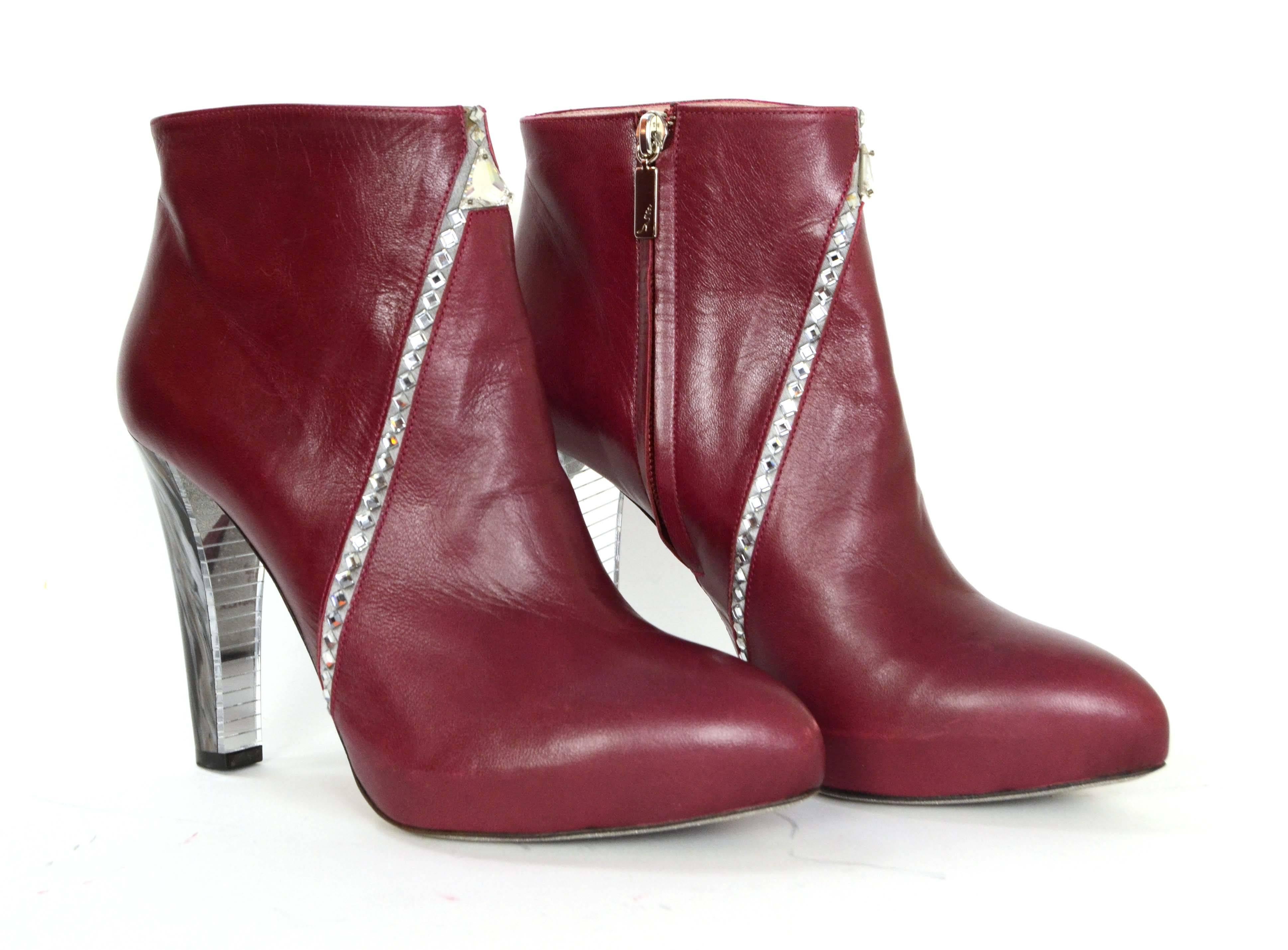Women's Rene Caovilla Crystal Embellished Burgundy Leather Booties sz 37