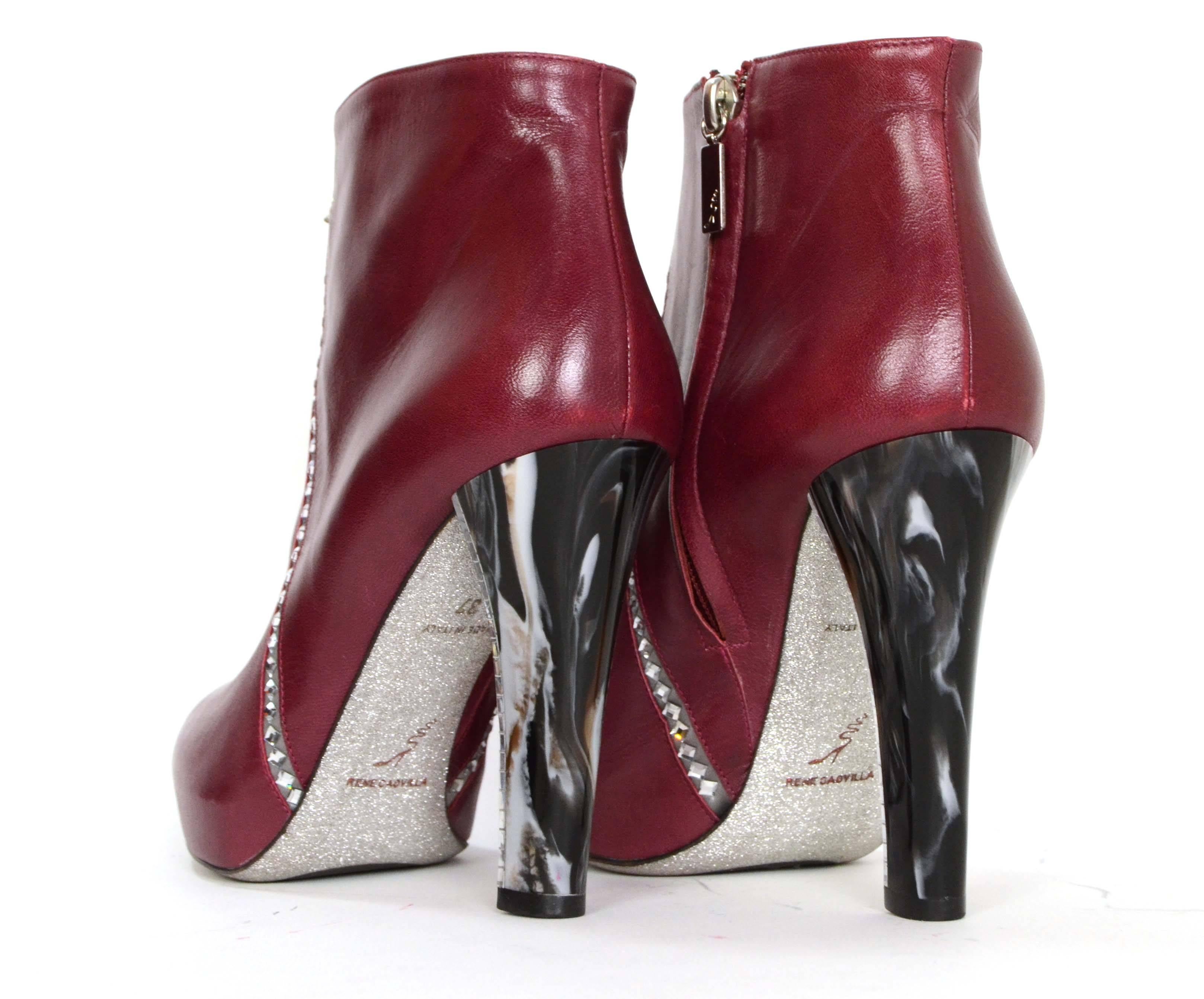 Rene Caovilla Crystal Embellished Burgundy Leather Booties sz 37 1