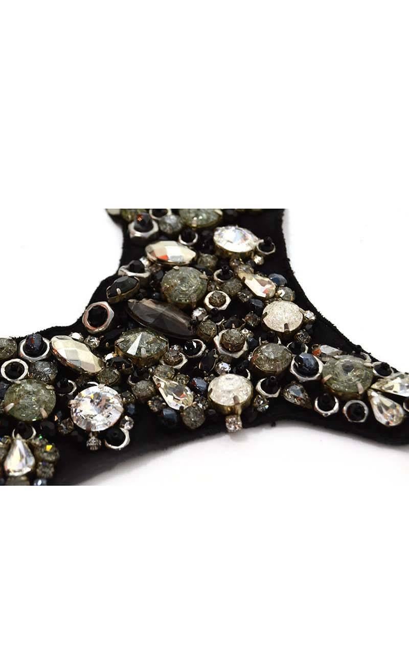 Prada Black & Charcoal Crystal Embellished Bib Necklace 
Features black fabric embellished with multiple shapes, colors and sizes of different stones
Made In: Italy
Color: Black, charcoal, bronze, and silver
Materials: Crystal, stone, metal, and