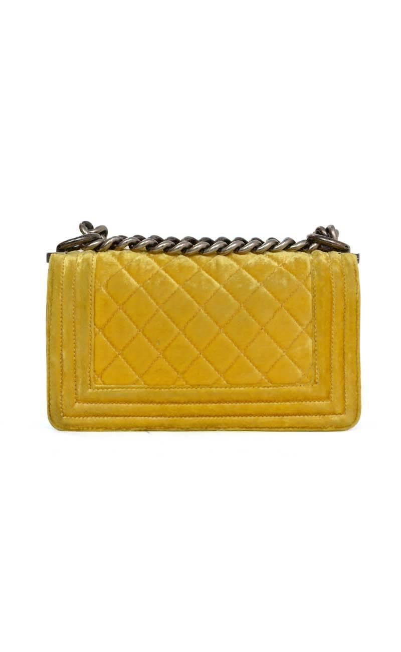 Chanel Yellow Velvet Quilted Small Boy Bag SHW In Excellent Condition In New York, NY